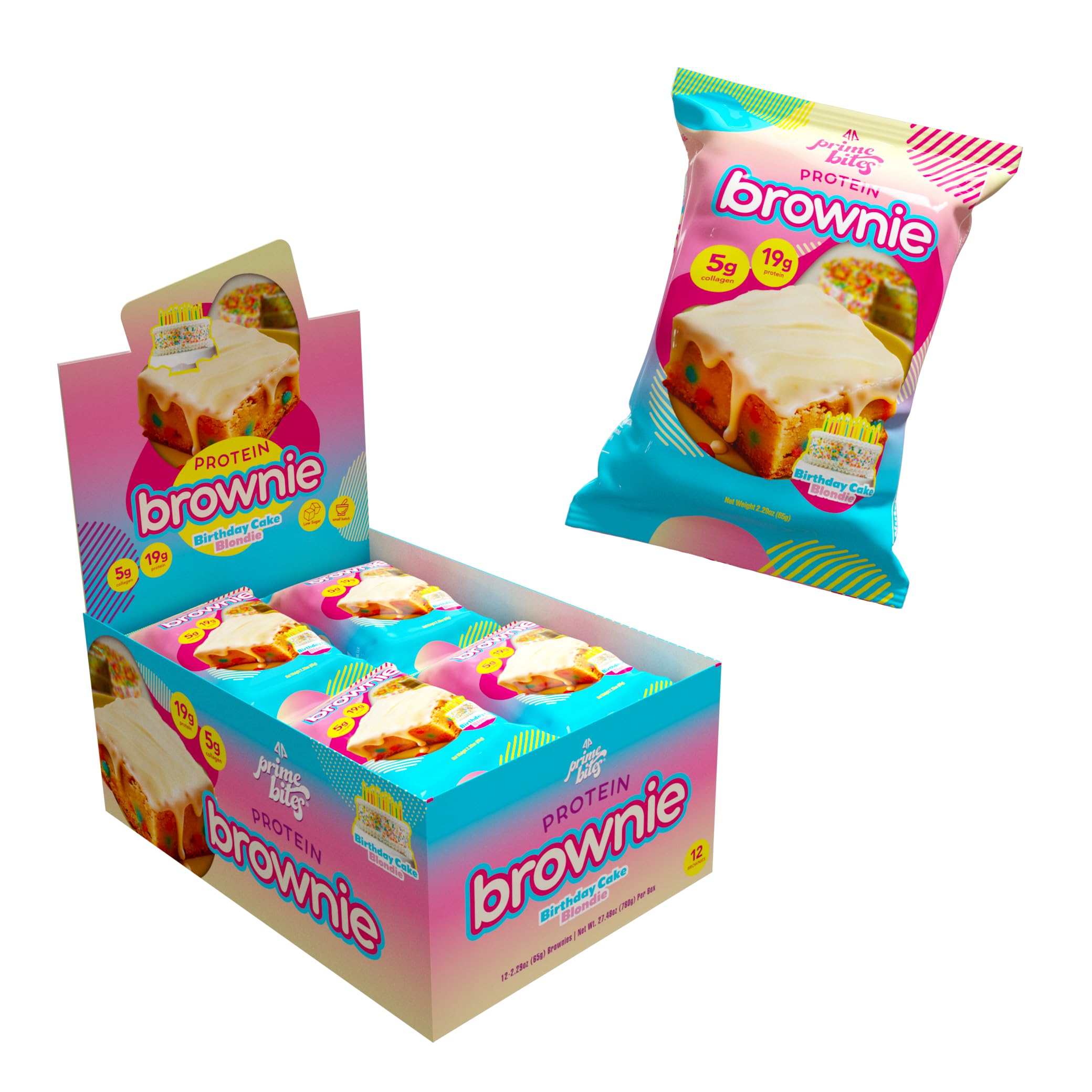 Prime Bites Protein Brownie from Alpha Prime Supplements | High Protein, Collagen Fortified Low Sugar Treat | Delicious Snack | 12 Bars per Box (Birthday Cake Blondie)
