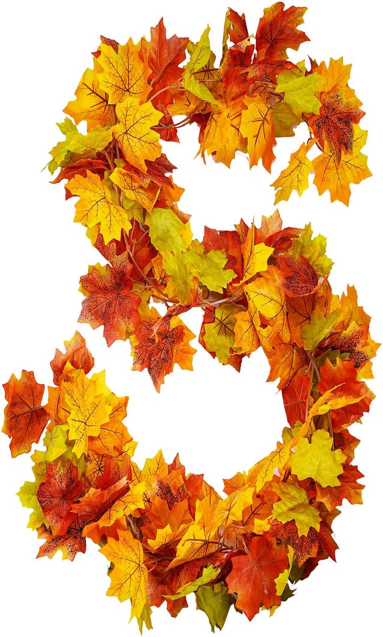 Artificial Autumn Maple Leaves Vines Decorations, 5.9Ft/Piece Fall Leaf Garland Hanging Plant with Hooks, Thanksgiving Halloween Decor for House Garden Wall Doorway Fireplace Autumn Decoration