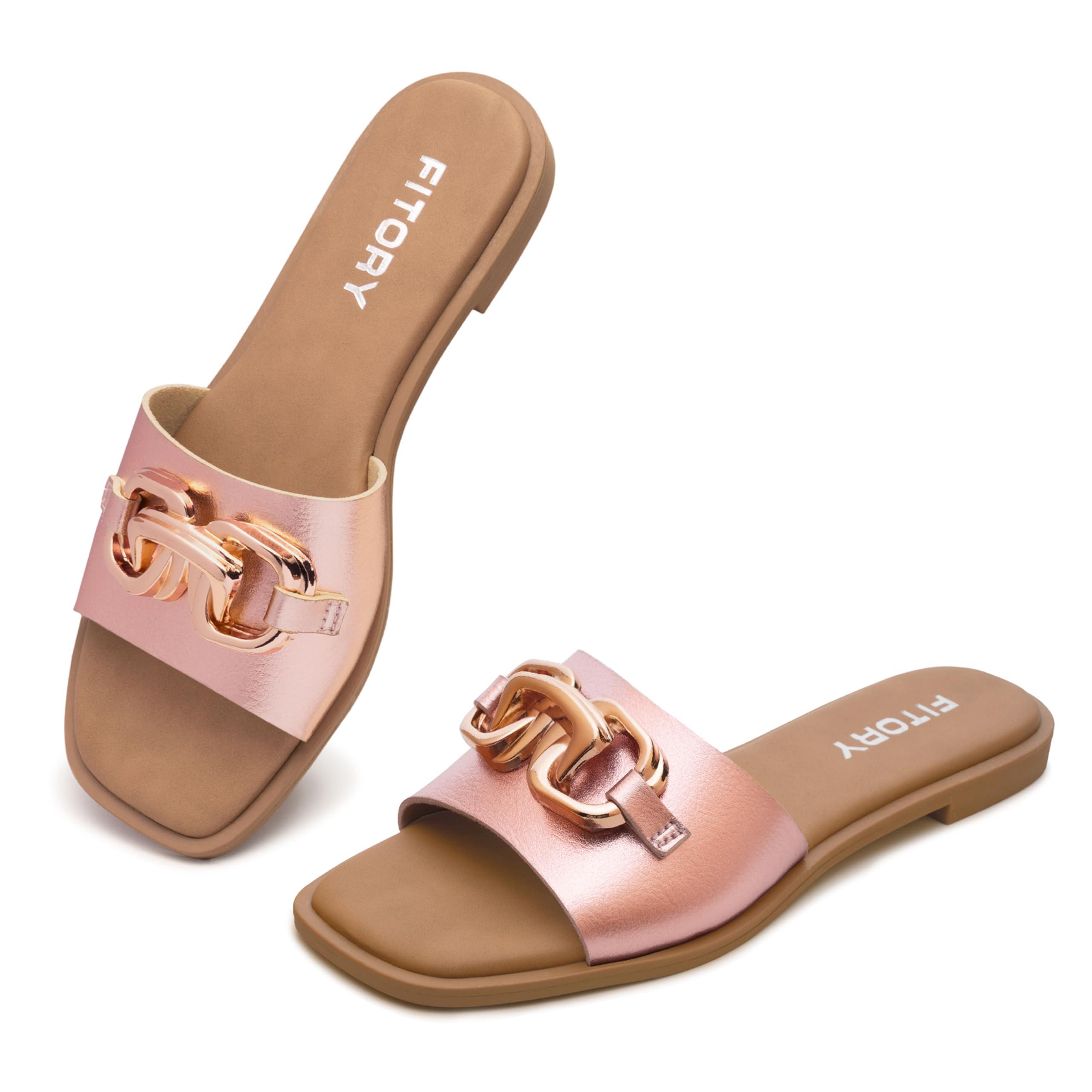 FITORY Women’s Sandals Fashion Soft Slides with Gold Buckle for Summer