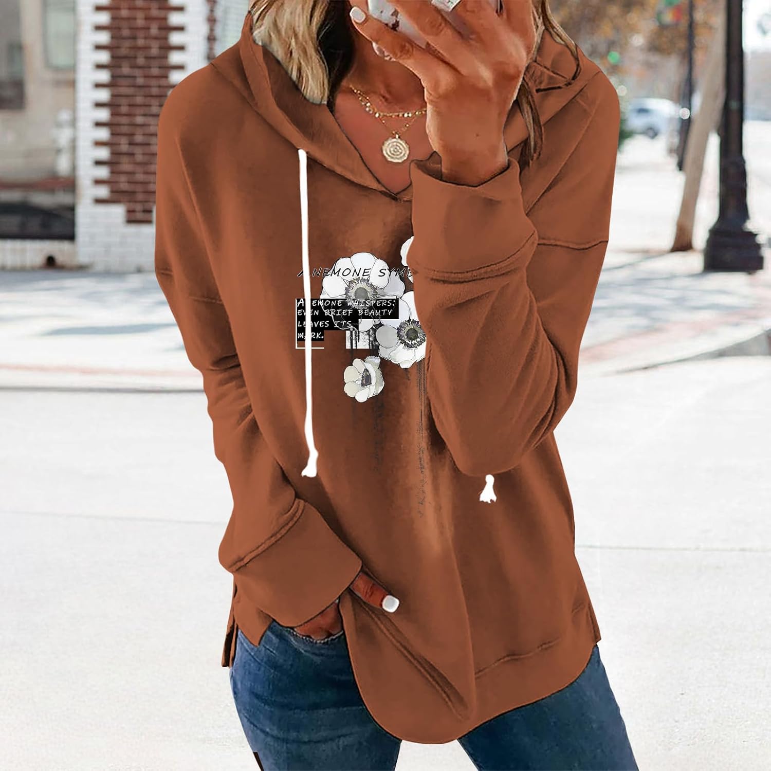 Women's Brown Mandala Print Hoodie Long Sleeve Loose Fit Pullover Sweatshirt With Drawstring For Fall Winter - Image 2