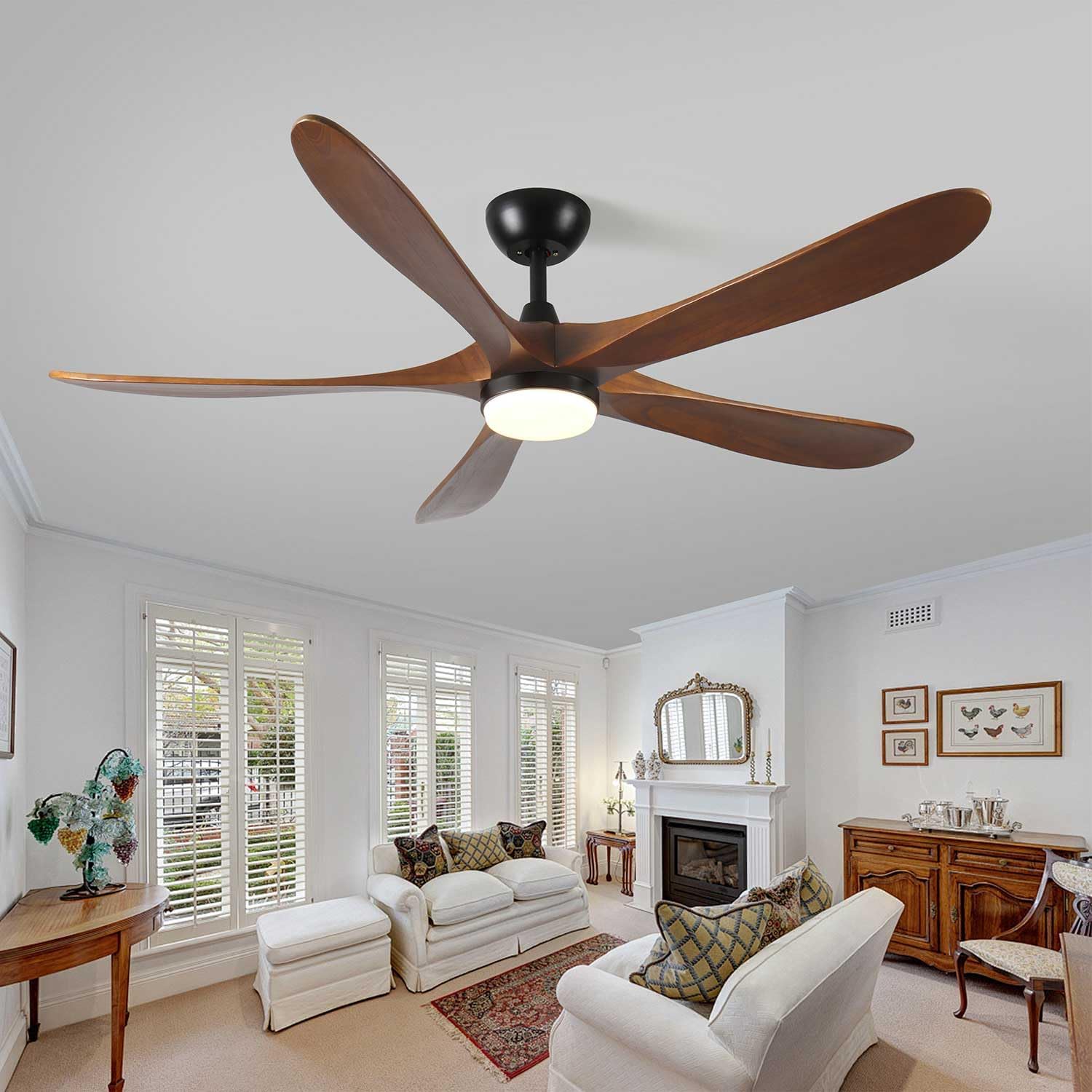 62" Solid Wood Ceiling Fan with Lights and Remote, 5 Blades Walnut Fans for Indoor Outdoor Patios Living Room Bedroom, Mid Century Modern Ceiling Fans with Quiet Reversible Motor, 3 Color LED, Brown