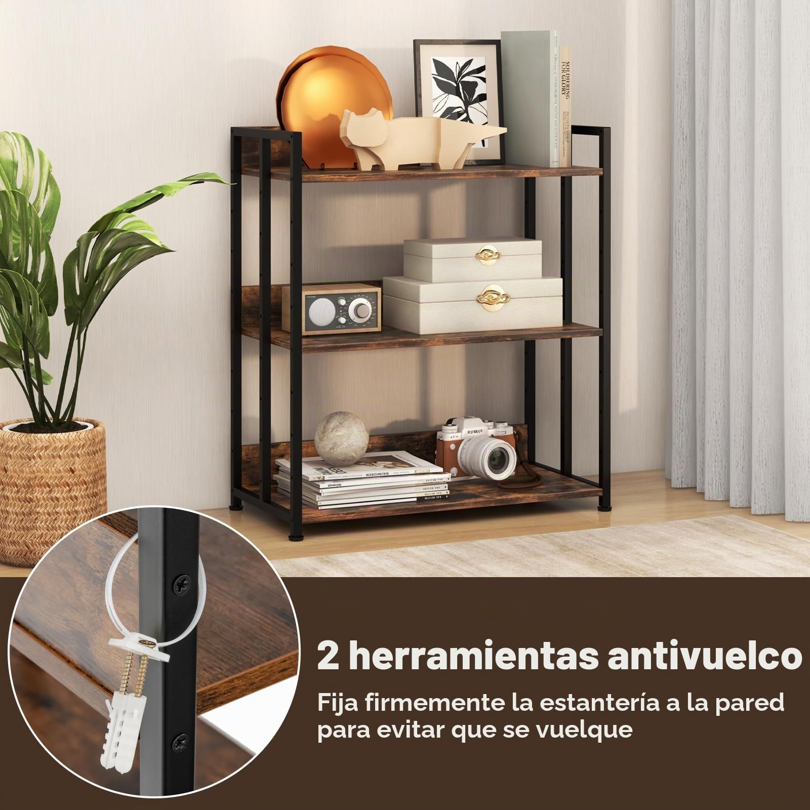 GIANTEX Librería Industrial de 3 Niveles con Solapas Pretectoras, 70 x 35 x 81 cm, Estantería de Almacenamiento de Madera con Marco de Metal, Estantería para Salón, Dormitorio, Cocina (Marrón)