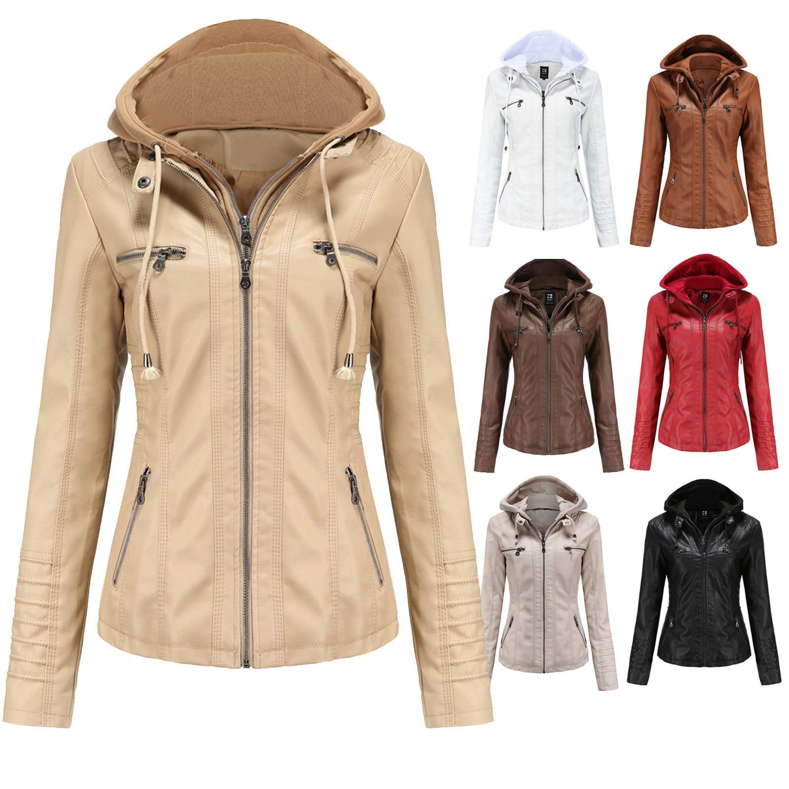Veste en Cuir Femme Veste Biker Blouson Style Motard pour Femme en Imitation Cuir À Manches Longues Zip Jacket Slim Fit Faux Leather Mi Saison Manteau de Moto Col Montant S-7XL