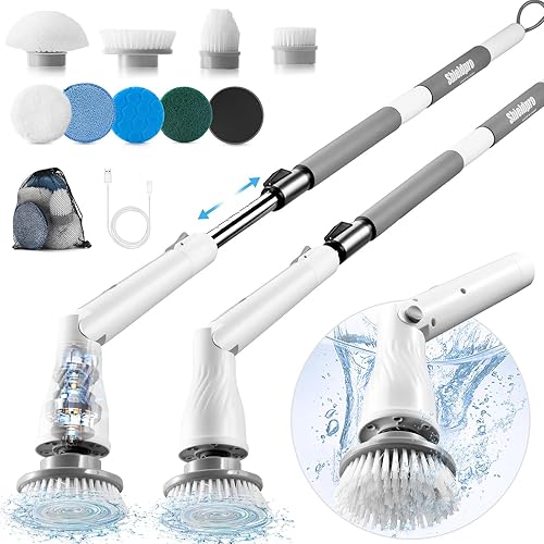 SHIELDPRO Limpiador eléctrico giratorio, limpiador de ducha inalámbrico con 8 cabezales de cepillo reemplazables, cepillo giratorio de potencia con
