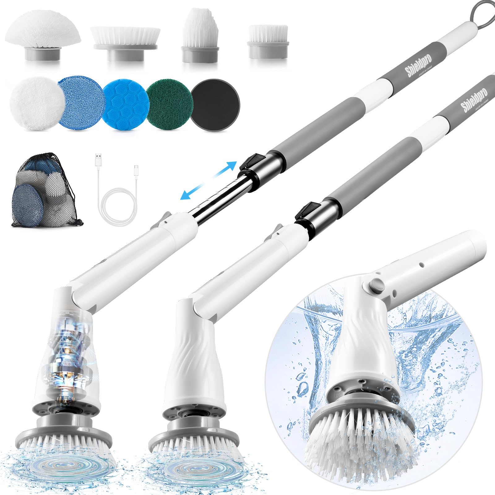 SHIELDPRO Electric Spin Scrubber, Cordless Shower Cleaning Scrubber with 8 Replaceable Brush Heads, Power Rotating Scrub Brush with Adjustable Long Handle for Bath Tub, Tile Grout, Sink, Car-White