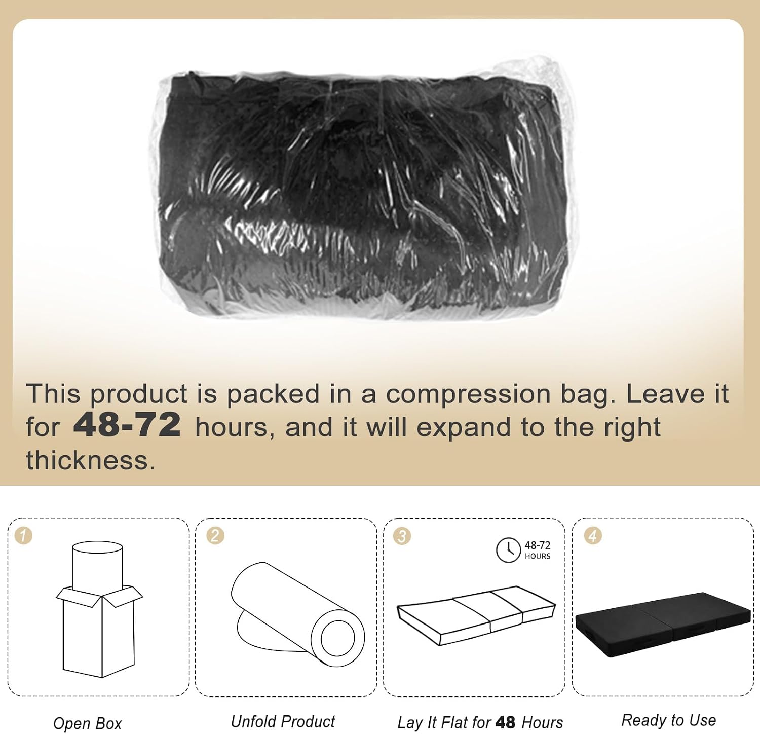 Black 3 Inch Thick Yoga Mat 72 * 24 * 3 Inch for Workout Camping Gym | Triple-fold, with carrying handle, portable