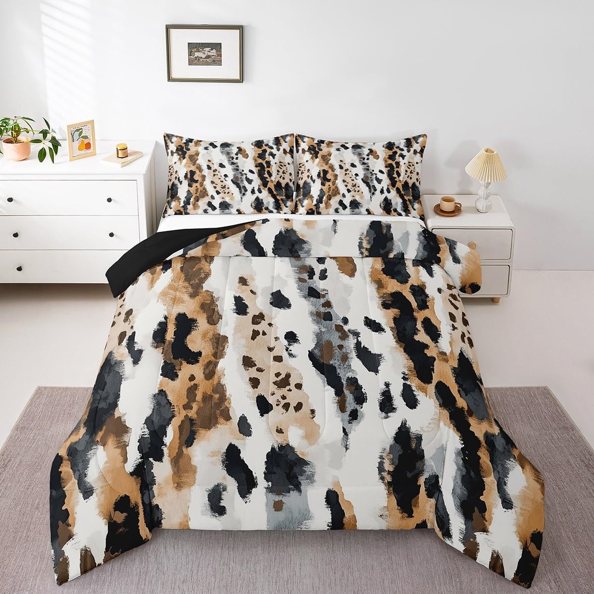 Feelyou Brown Leopard Bedding Set Boys Girls Twin Size Cheetah Comforter Set for Kids Women Men Ultra Soft Animal Print Comforter Safari Duvet Set Room Decor Retro Watercolor Artwork Design Quilt Set
