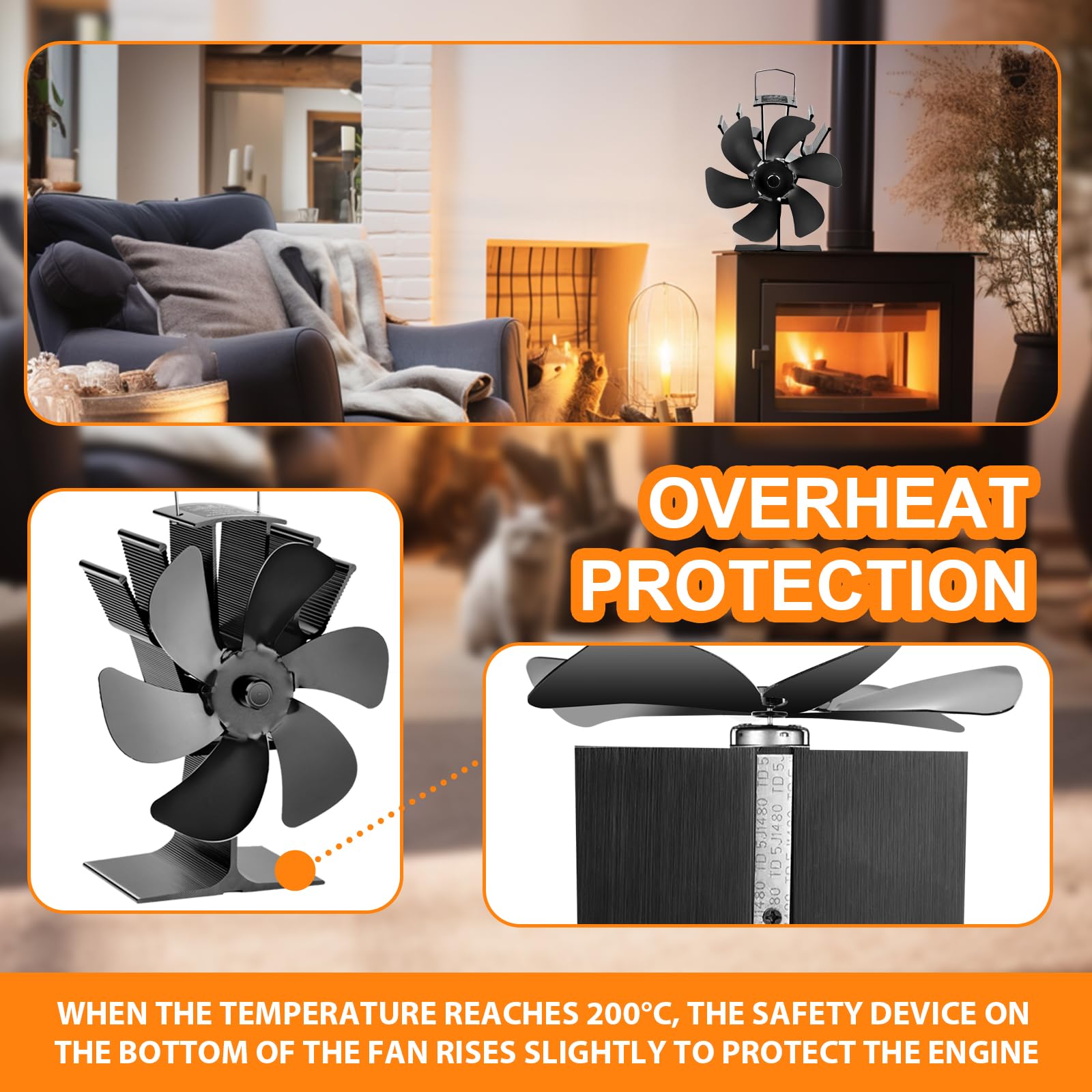 KAEFUYS Ventilatore per Stufa a Legna, Ventola da Caminod con 6 Pale, Ventola Stufa Silenzioso Distribuzione Efficiente del Calore, Ventilatore per Camino per Bruciatore di Tronchi Stufa