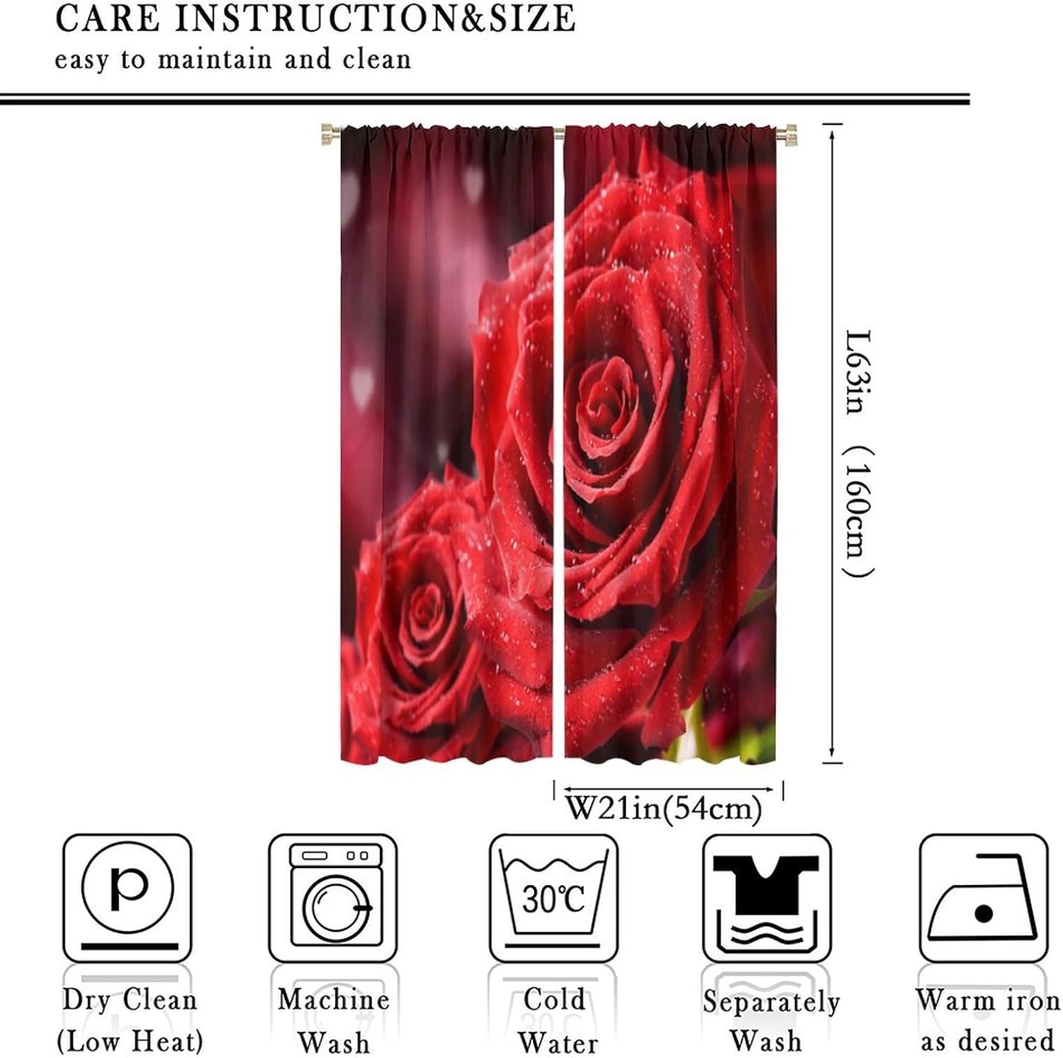 Red Roses Curtains Valentines Romantic Rose Print Burgundy Red Flower Floral Curtain with Rod Pocket for Bedroom Living Room Decor Drapes Window Treatments 2 Panels Set 42x63in