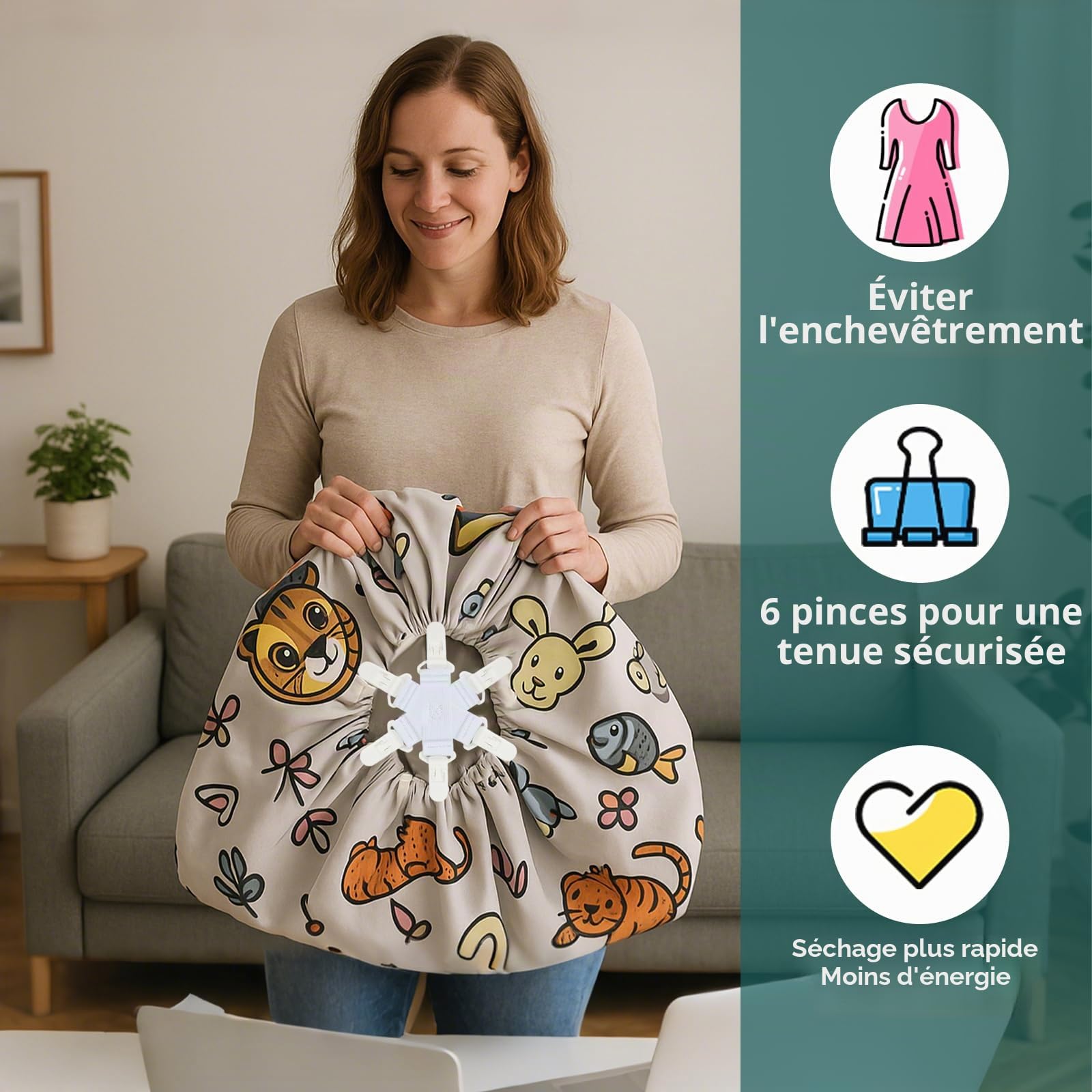 WAD Lot de 4 draps démêlants avec 6 clips, housses de couette/couvertures contre les nœuds, les torsions et les bouloches dans le sèche-linge, la machine à laver et le sèche-linge, 4 pièces