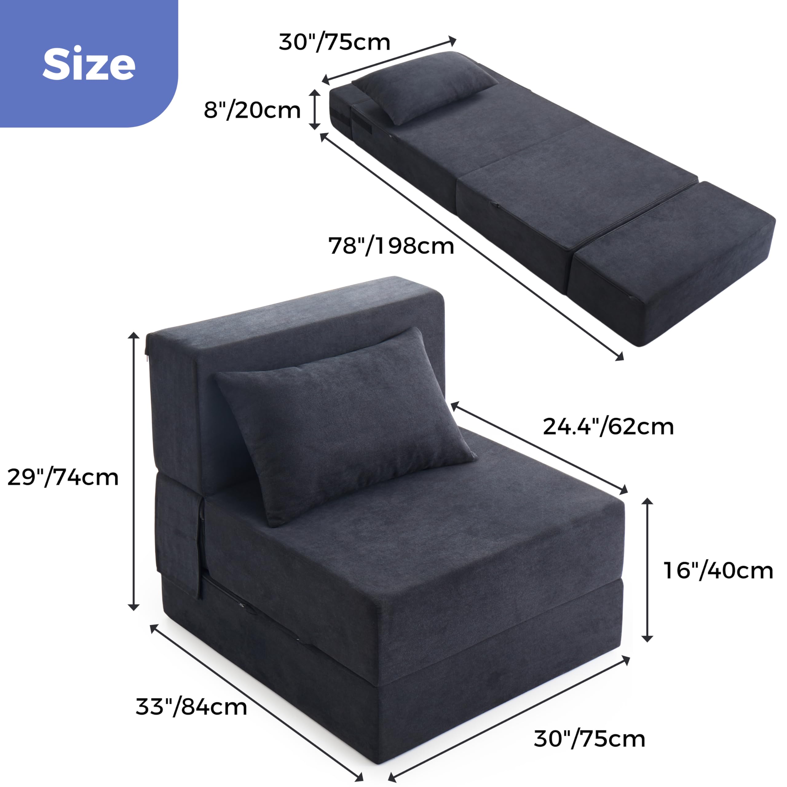 Jamdok 6-in-1 Folding Sofa Bed - Single Sleeper Chair With 8" Foam Mattress, Converts For Living Room, Dorm, Guest