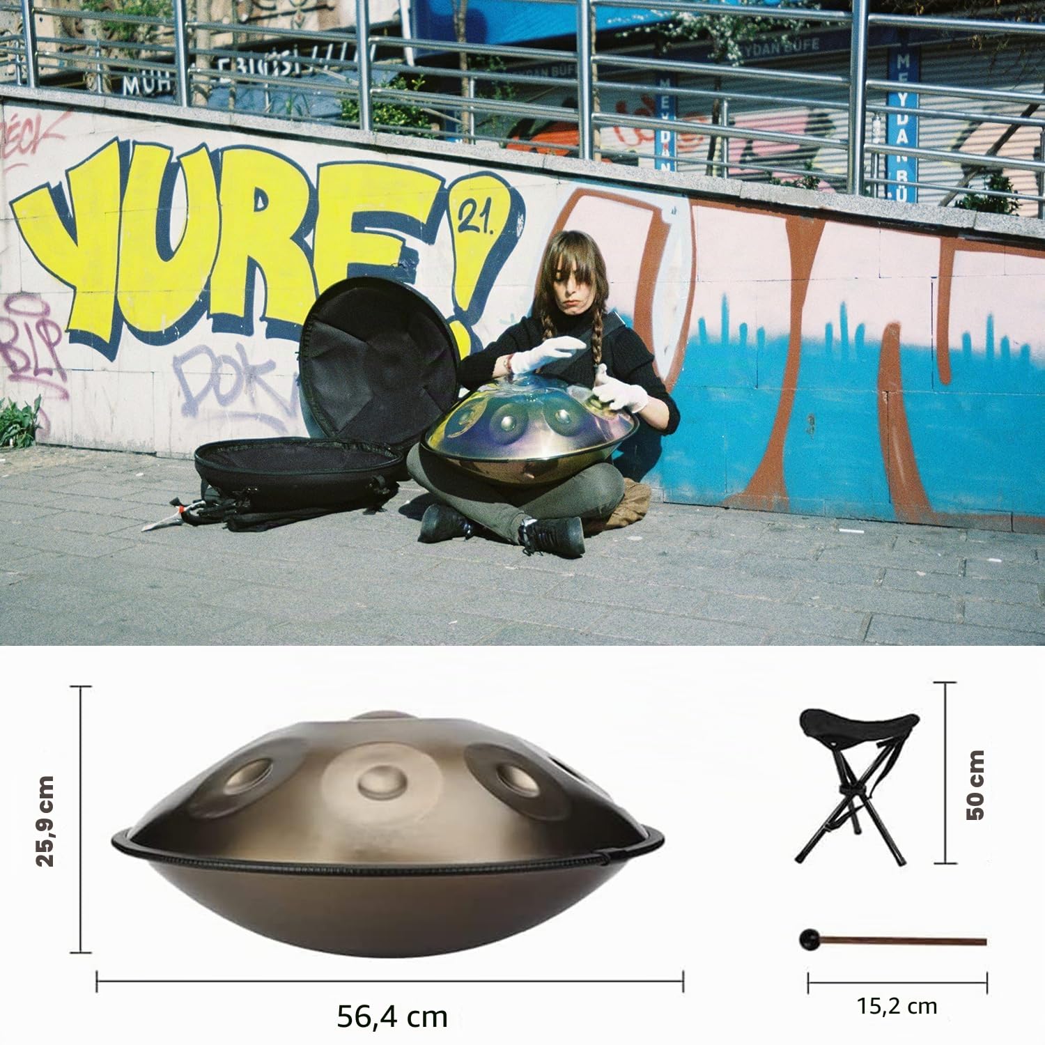 Eavnbaek Handpan D-Moll Trommel 440 Hz 9 Noten 56 cm Stahlhandtrommel, Handtrommel mit Softtasche, 2 Handhämmern, Pfannenständer und staubfreiem Tuch (gold)