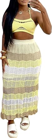 Womens Crochet Knitted 2 Piece Outfits Sexy Halter Bikini Top and High Waist Maxi Skirt Sets Cover Up Beachwear