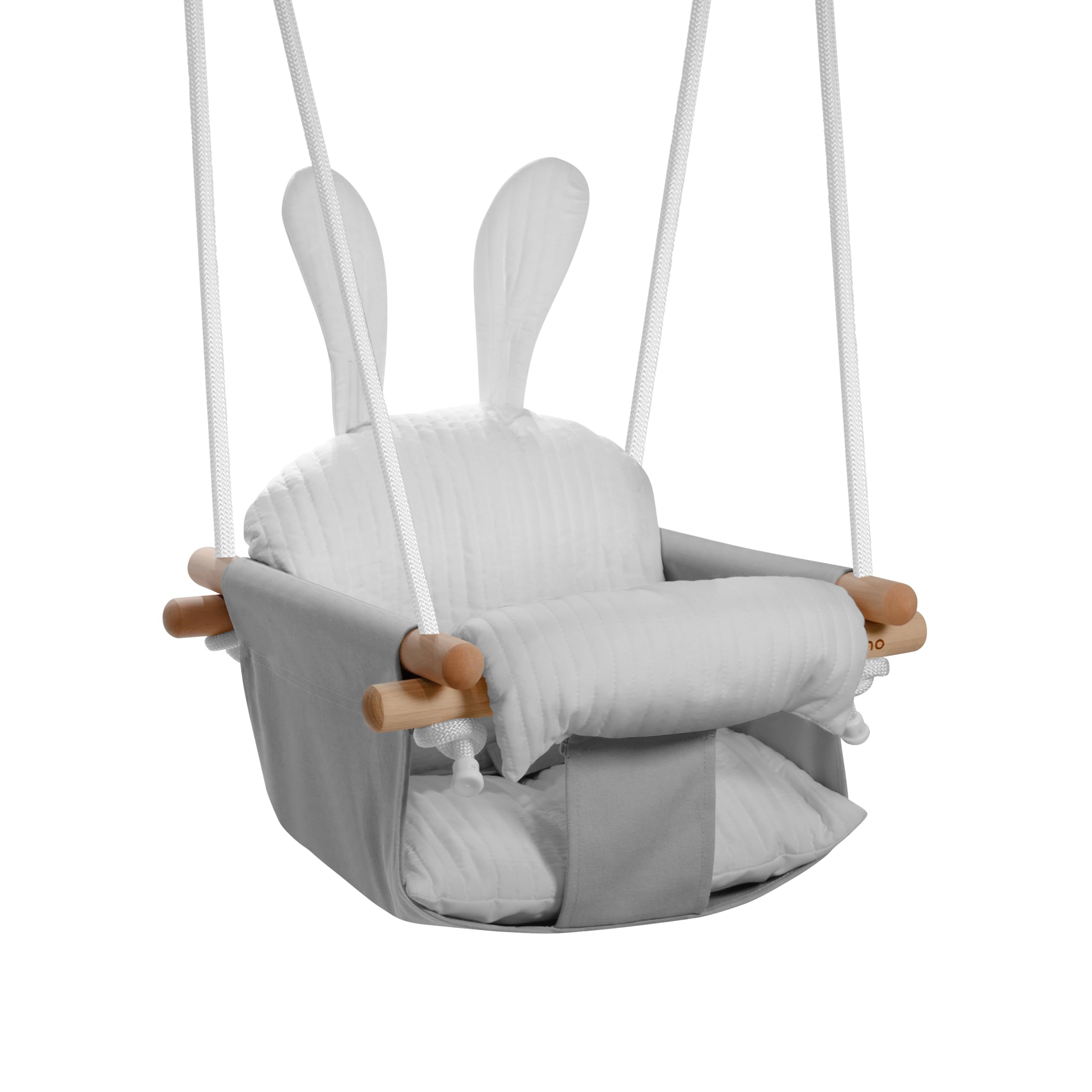 Tulano Hop 33 Babyschaukel Indoor - Kinderschaukel aus Holz und Baumwolle | Baby Schaukel mit Sicherheitsgurt und 2 Kissen - für Zuhause Garten und Terrasse - Belastbar bis 36 kg - Grau-Weiß