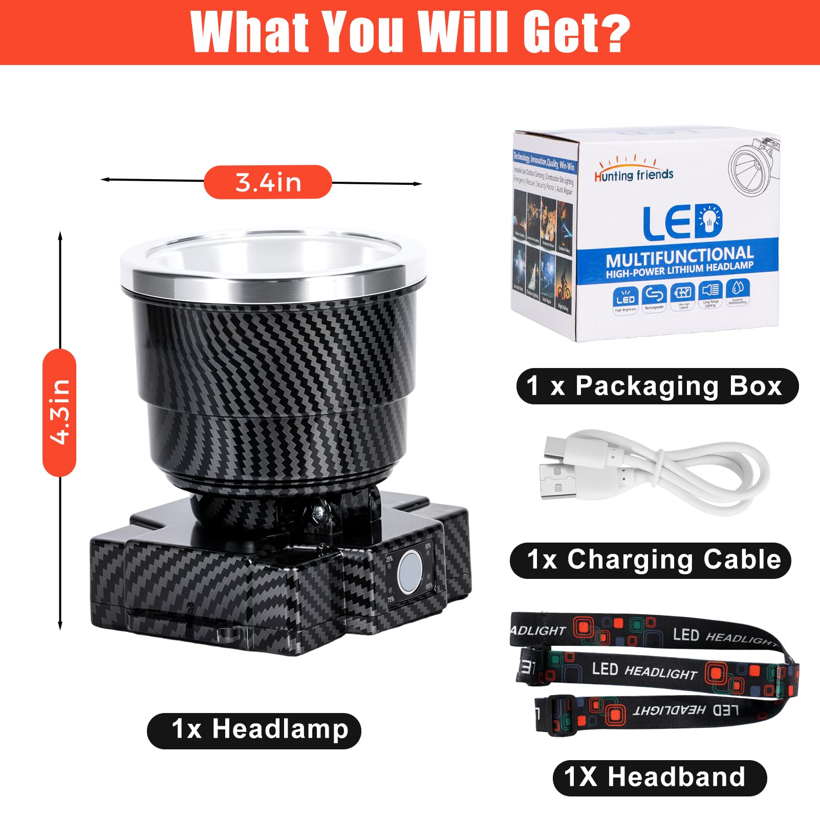 Lampe frontale LED rechargeable avec indicateur d'alimentation, 3 modes lumière blanche 2600 mAh, batterie longue durée, plus de 10 heures d'autonomie, IP65 étanche et léger pour extérieur (motif