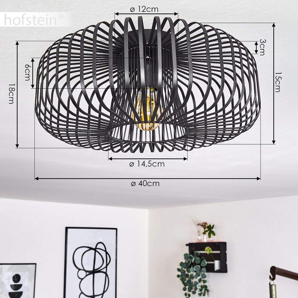 HOFSTEIN Deckenleuchte Wemude, runde Deckenlampe Wohnzimmer, Schlafzimmer - 1-flammige Metall Lampe Schwarz, E27-Fassung, Retro-Leuchte mit Spannendem Lichteffekt, Ø 40 cm, Modern für Innenbereich