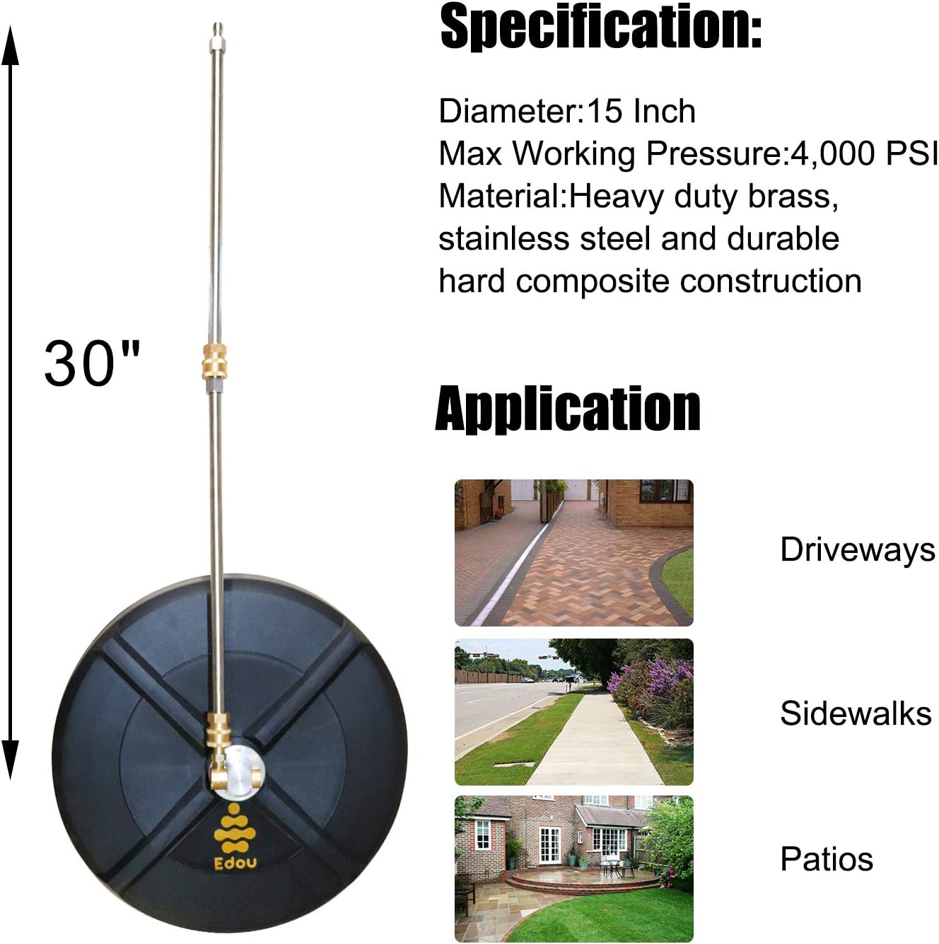 EDOU 15-Inch Pressure Washer Surface Cleaner - Power Washer Accessory, 2 Pressure Washer Extension Wand Attachment - Ideal for Cleaning driveways, Sidewalks and patios - 4000 PSI Max Pressure (Black) : Patio, Lawn & Garden