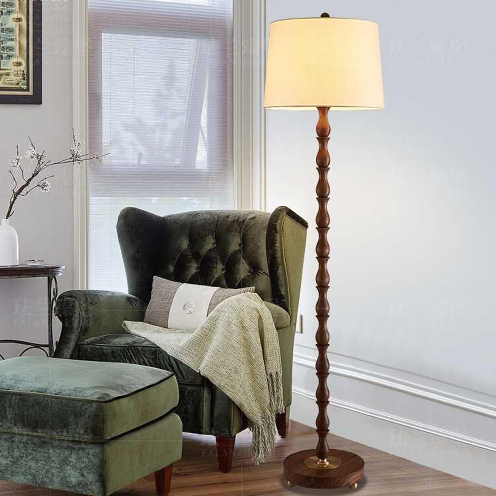 Lampada da Terra in Legno, Lampada da Terra Alta Naturale con Paralume in Lino, Attacco E27, Lampada Ad Angolo Lounge Rustica Vintage Lampadina E27 Inclusa