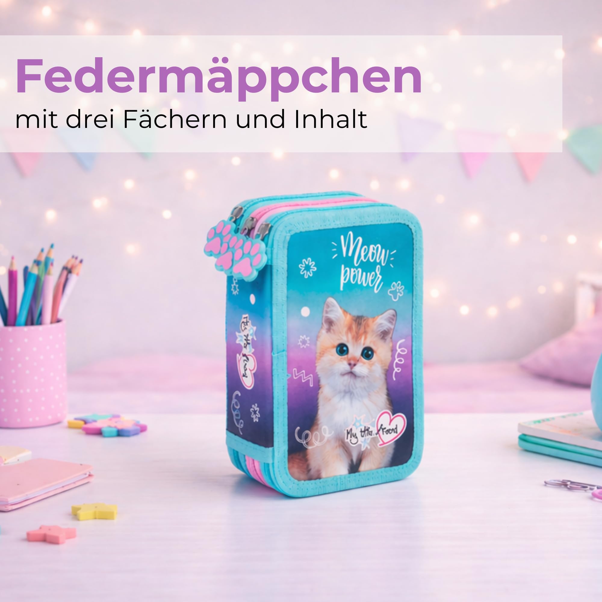 Goldkids - Federmäppchen 3 Fächer - Mäppchen für Mädchen und Jungen - Federmappe 3-Fach Federtasche 44-teilig Gefüllte Schüleretui Hausaufgabenheft- Katze Motiv
