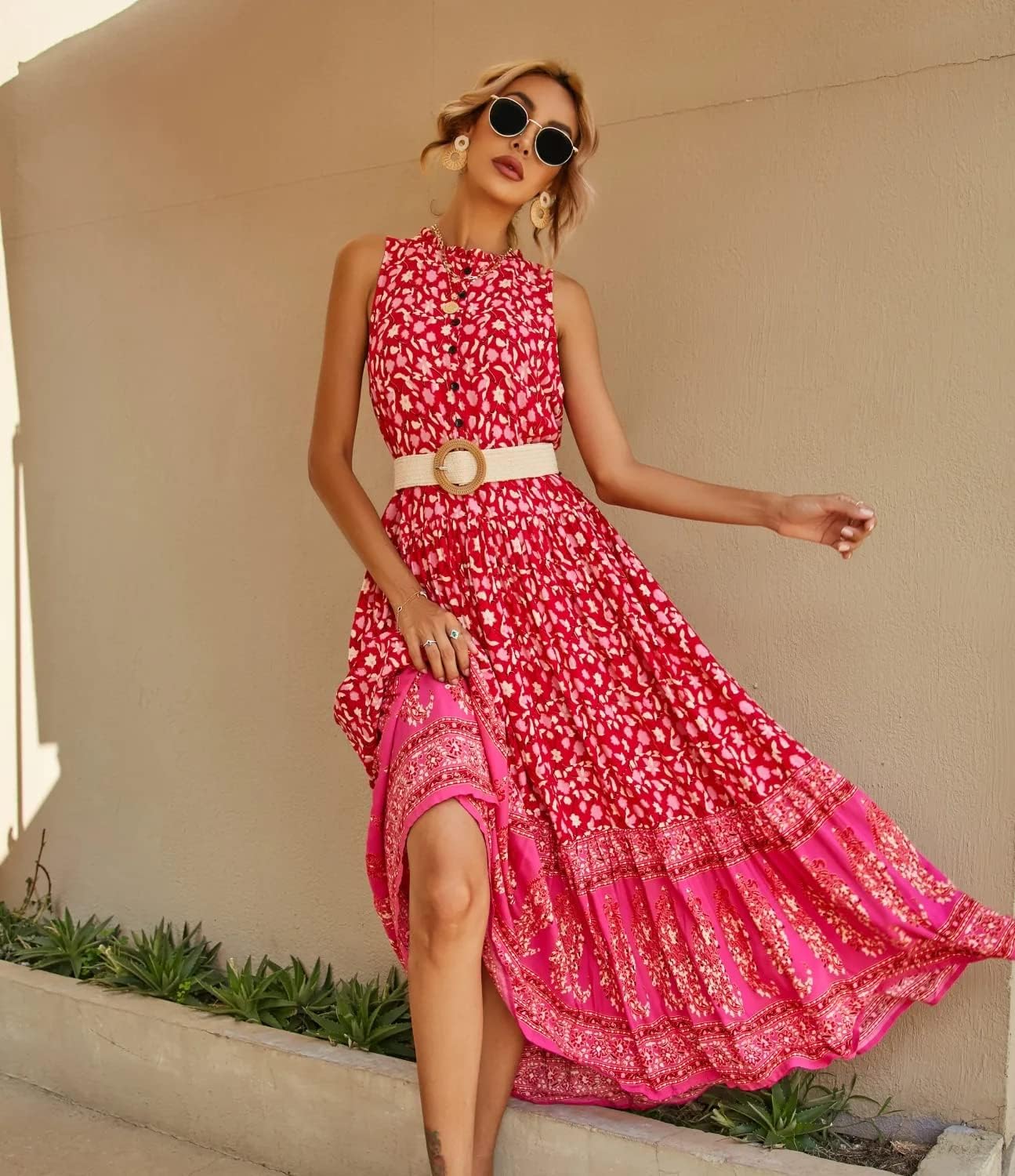 R.Vivimos Women's Summer Sleeveless Floral Print Button Up Bohemian Flowy Maxi Dresses - Image 2