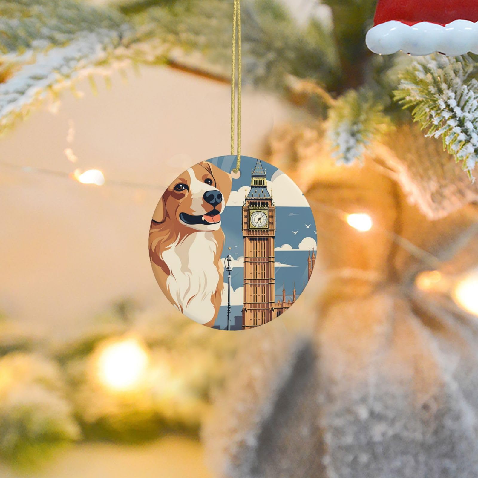 Christmas Tree Ornaments Ceramics Christmas Round Decorations Cute Dog Sitting Ceramics Ornaments Circle Pentagram Xmas Tree Hanging Pendant for Christmas Tree Party Holiday Home Decor
