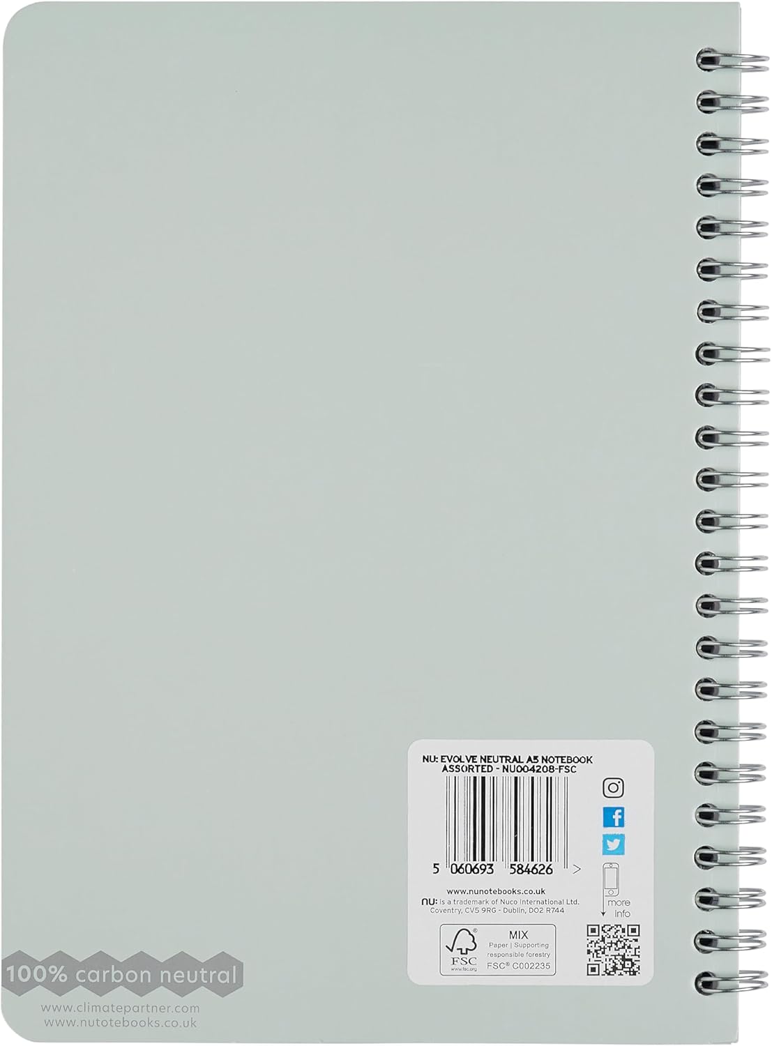 nu: A5 Grey Lined Wirebound Notebook | Carbon Neutral | 120 Pages | Supports Climate Partner Projects | Fully Recyclable | Evolve Neutral