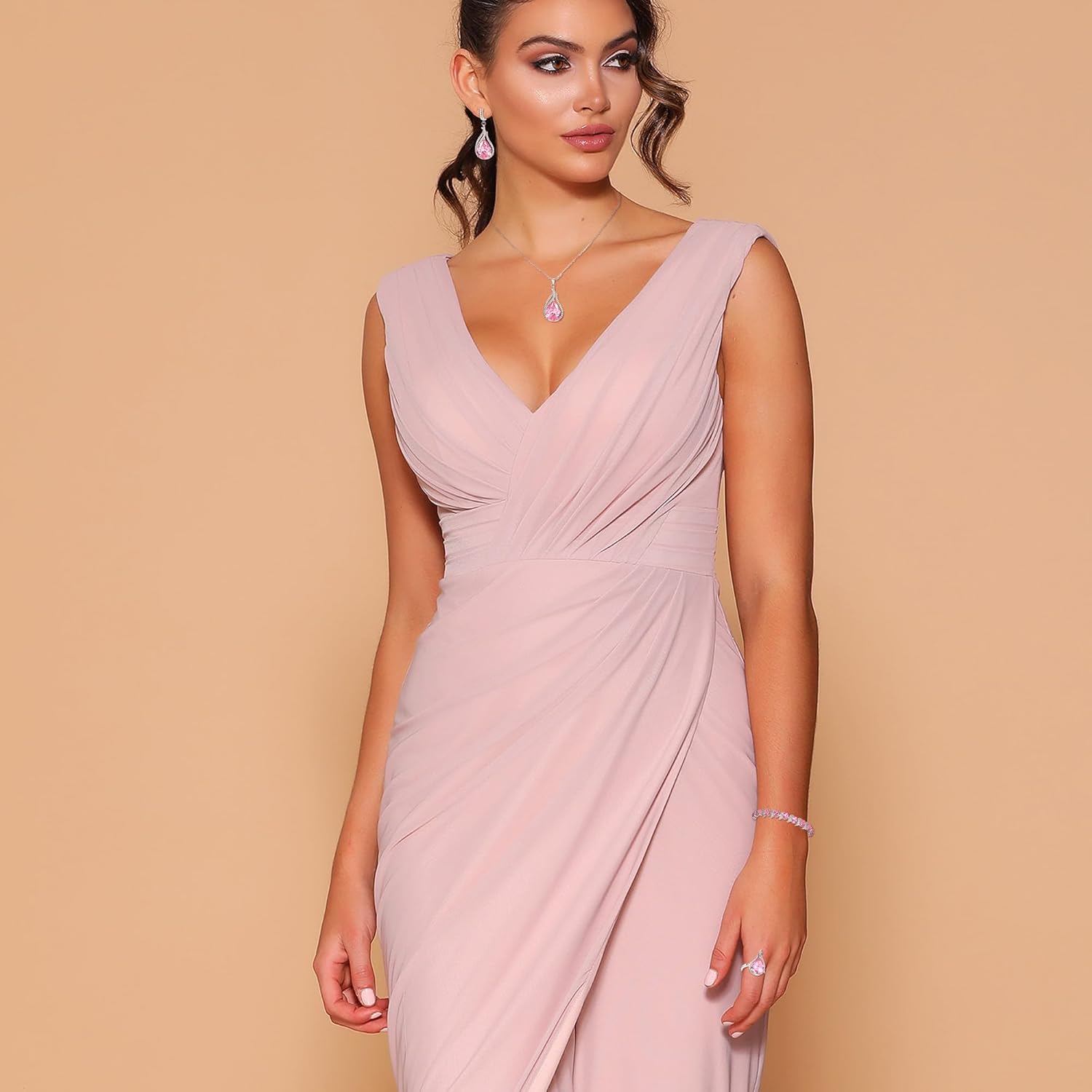 BriLove Jewelry Set for Bride, Sparkling Water Drop Cubic Zirconia Crystal Pendant Necklace Leverback Earrings Tennis Bracelet Adjustable Ring Gift for Wedding/Birthday/Mother's Day/Christmas - Image 3