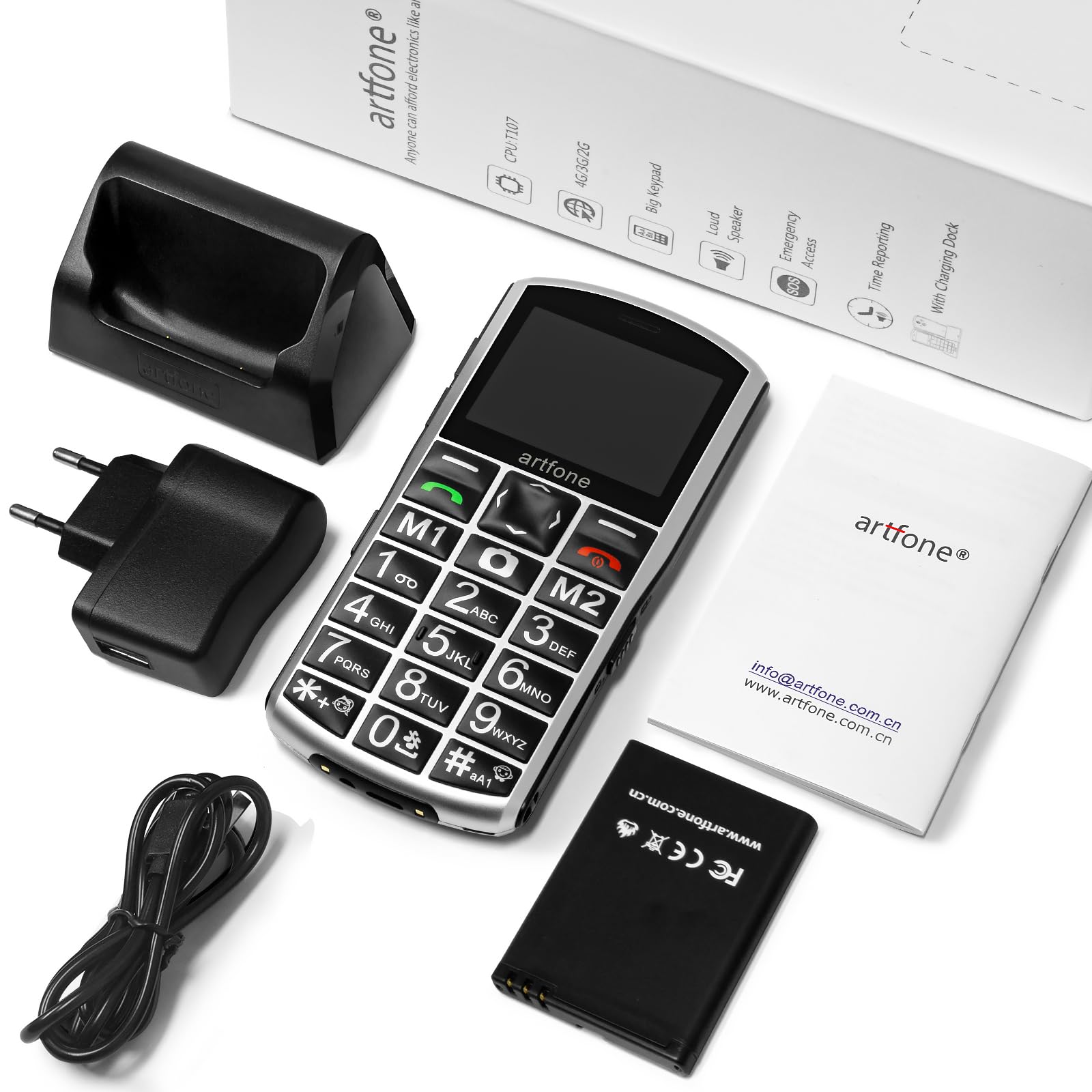 artfone A400 4G Seniorenhandy ohne Vertrag | 2,4 Zoll Farbdisplay | Dual SIM mit Notruftaste | Rentner Handy große Tasten | 1800 mAh Akku Lange Standby-Zeit | Großtastenhandy mit Ladestation