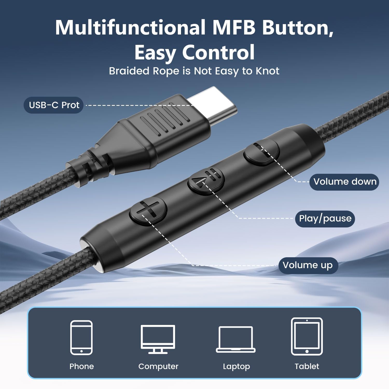 USB C Wired Over-Ear Headphones, Corded Stereo Headsets with Microphone, Volume Control, Comfortable Fit Foldable Headphone for iPhone 15/16/17, Samsung, Laptop, Tablets, Travel(Black) - Image 4