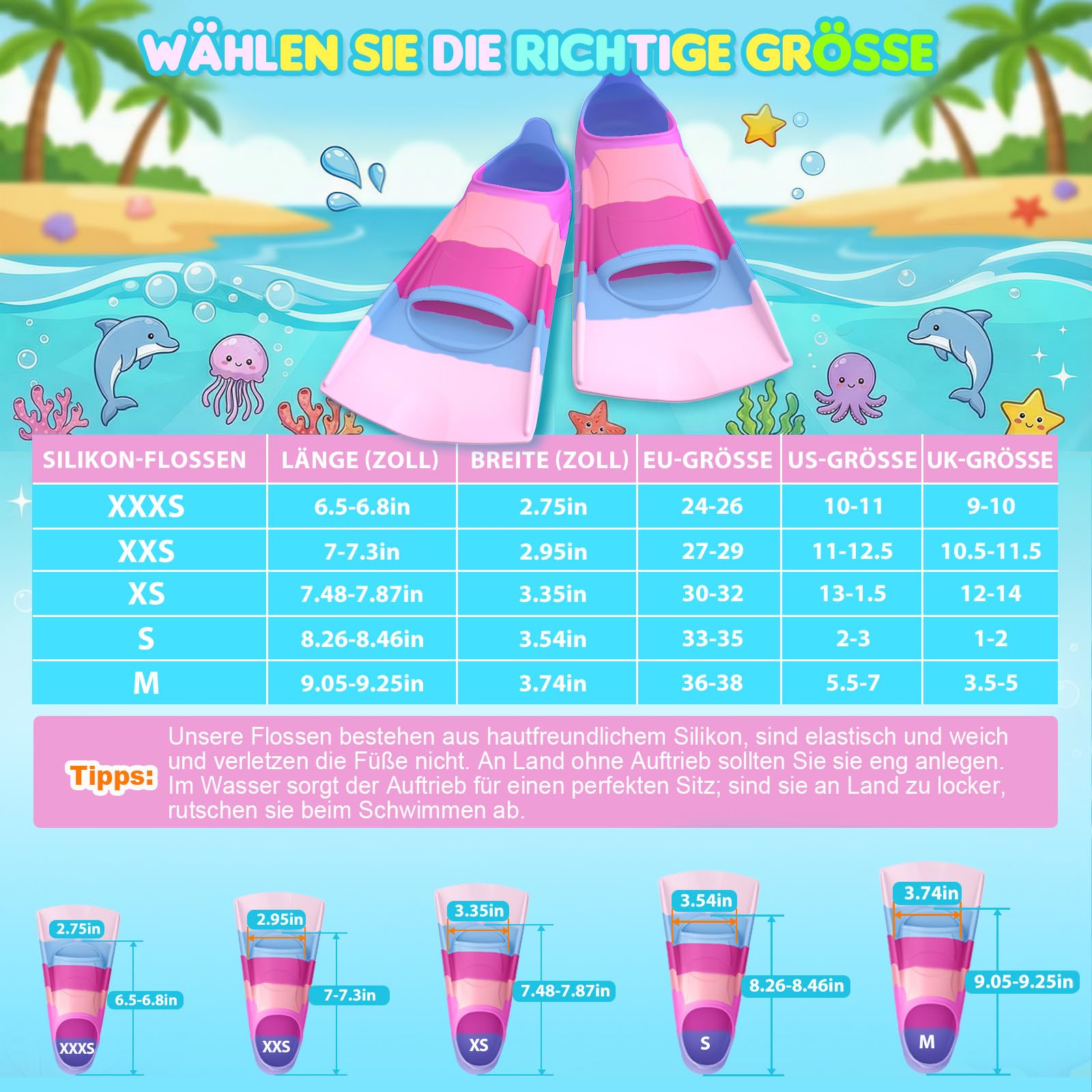 QcoQce Schwimmflossen Kinder, 100% Silikon Kinder flossen und Kurzflossen zum Schnorcheln, Tauchen, Training und für den Urlaub, in praktischer Reisegröße mit Netzbeutel für Pool und Strand.