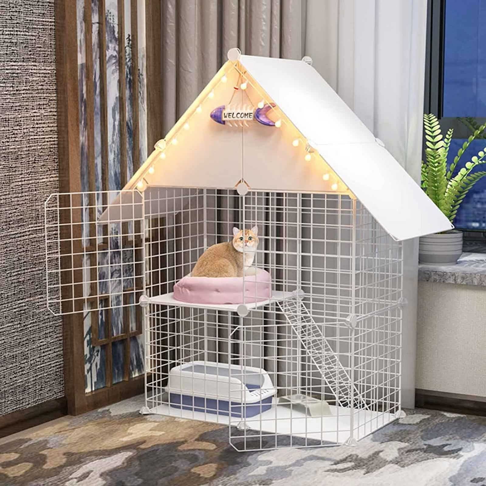 Cage pour chat à 2 niveaux en métal durable avec hamac et bac à litière intégré 75x37x109cm