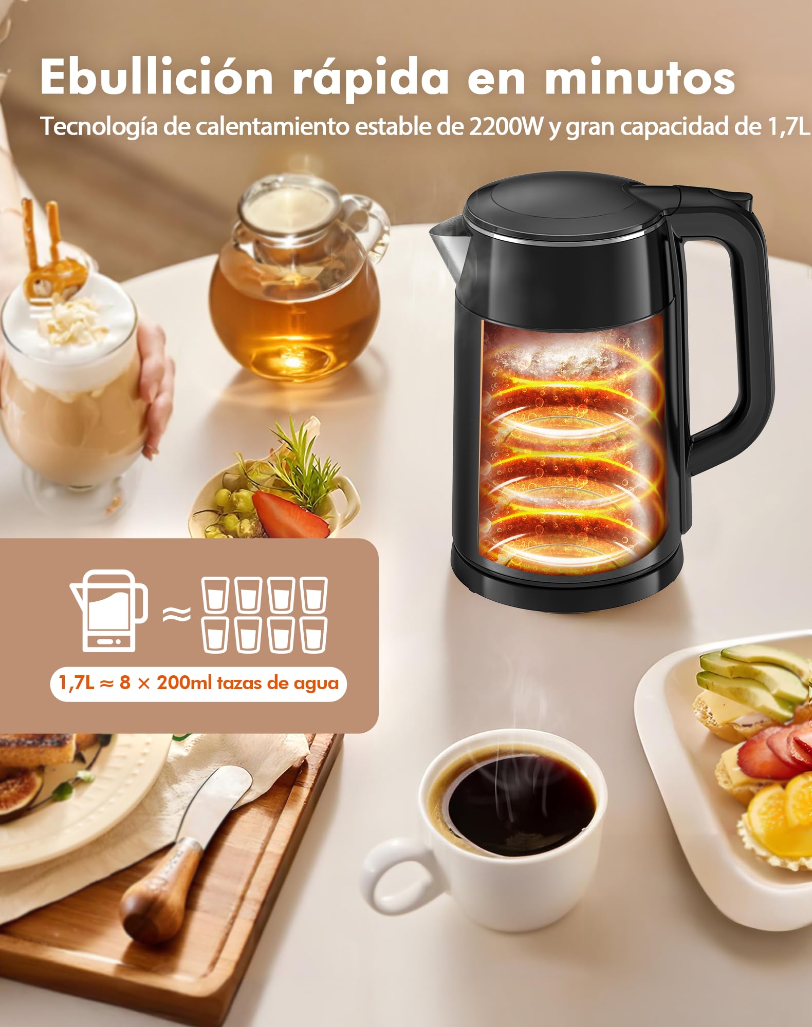 Hervidor de Agua Eléctrico 1,7L 2200W con Control de Temperatura y Pantalla LED - Acero Inoxidable 304 Libre de BPA, Doble Pared Tacto Frío, Función Mantener Calor 2H, Apagado Automático (negro)