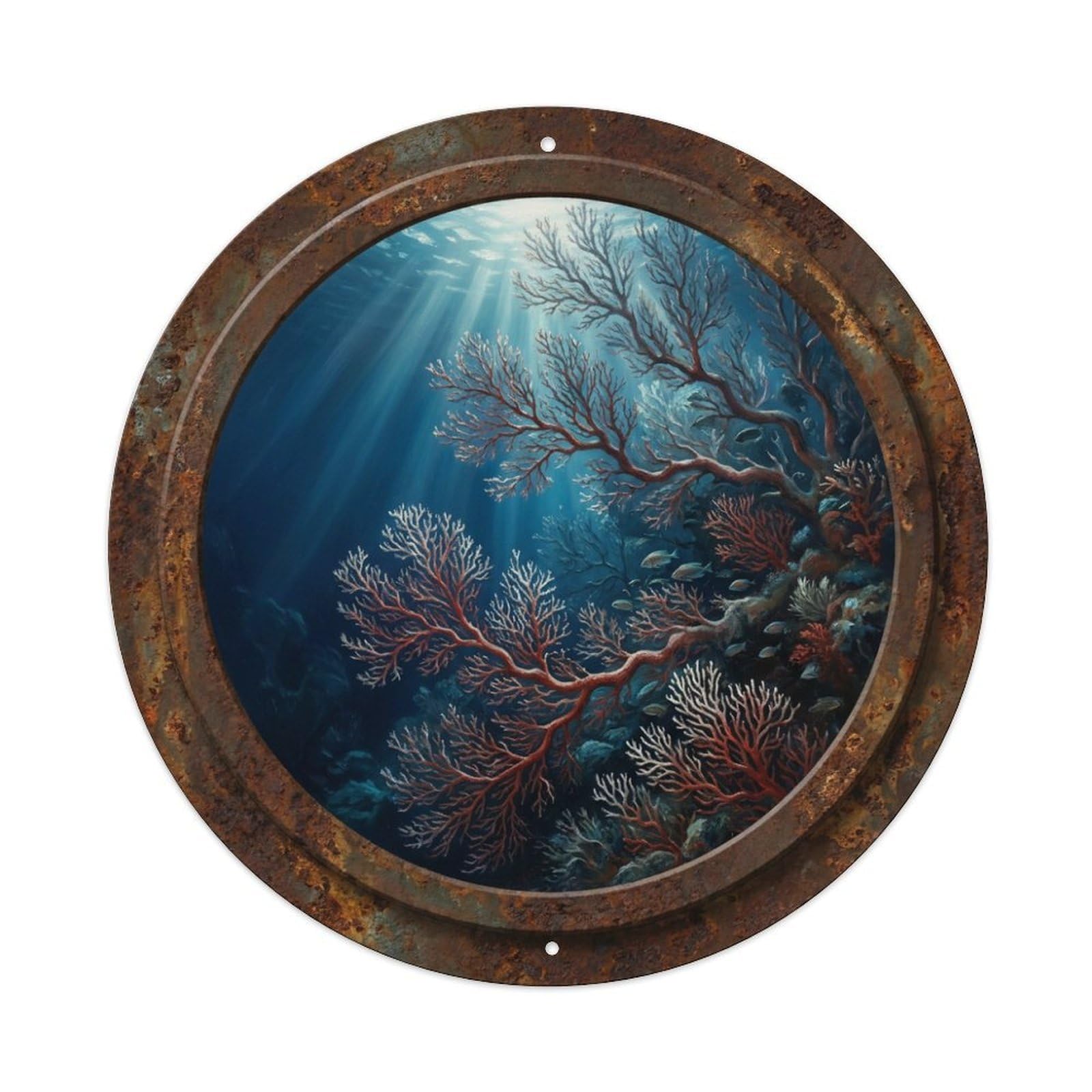 Vintage Porthole Gorgonian Branch Ship Window Undersea Deep Metal Tin Sign