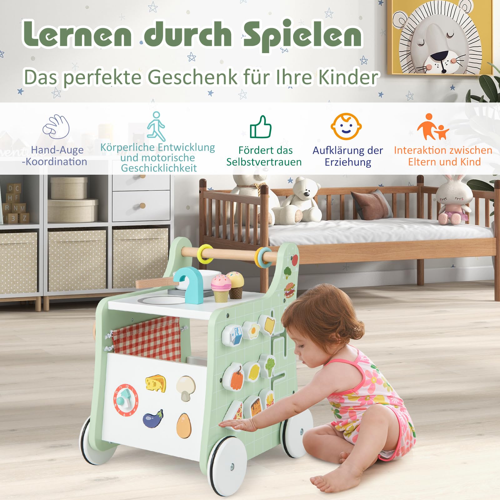COSTWAY 6 in 1 Lauflernwagen aus Holz, Lauflernhilfe mit Spielküche, Lernuhr, Formanpassung & beweglichem Schieber, Kinderküche Baby Walker mit Rädern für Kinder ab 1 Jahr (Grün)