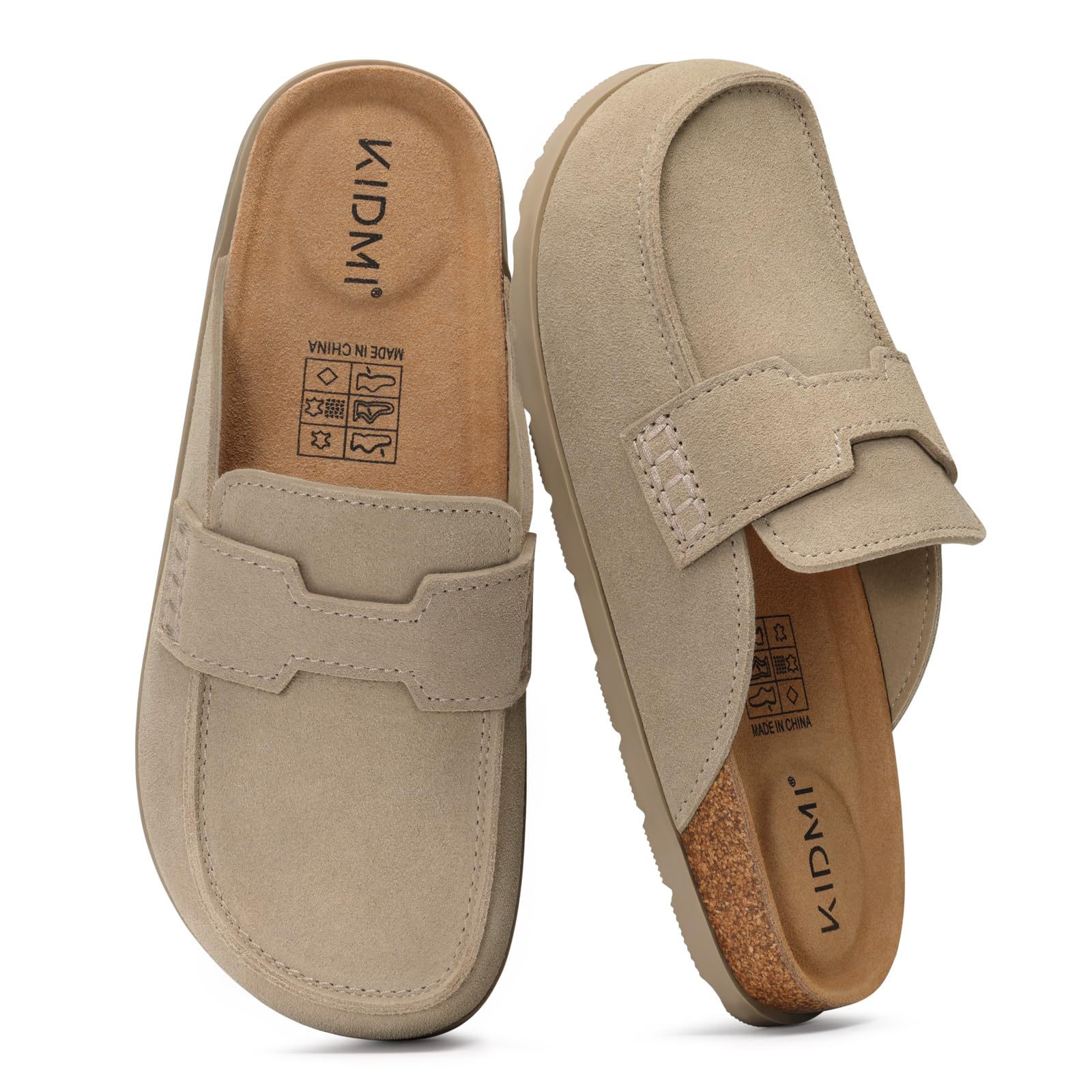 KIDMI Women's Genuine Suede Slip On Clog Mules, Taupe, Size 39