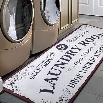 Laundry Room Runner Rug Modern Polyester Non Skid Machine Washable Area Rugs Laundry Decor for Kitchen, Bath, Washroom ,White-2 72x24 in