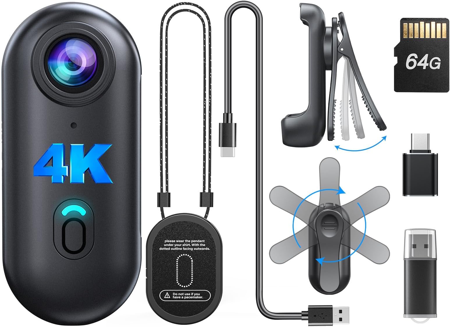 BOBLOV W4 4K Mini Body Camera, Wearable 64GB Camera with 360°Rotatable Clip & Magnetic Clip, 120 Minutes for recording, Easy to Use and Take for Lecture, Traveling, Pet Walking and Outdoors Activities