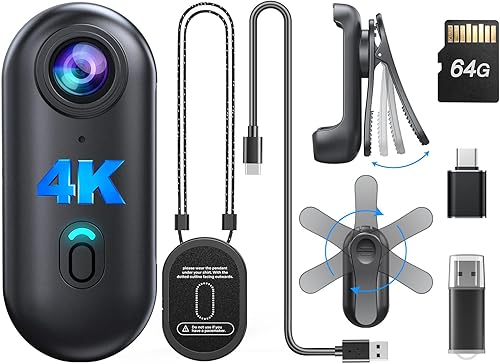 BOBLOV Mini cámara corporal W4 4K, cámara portátil de 64 GB con clip giratorio de 360° y clip magnético, 120 minutos para grabación, fácil de usar y