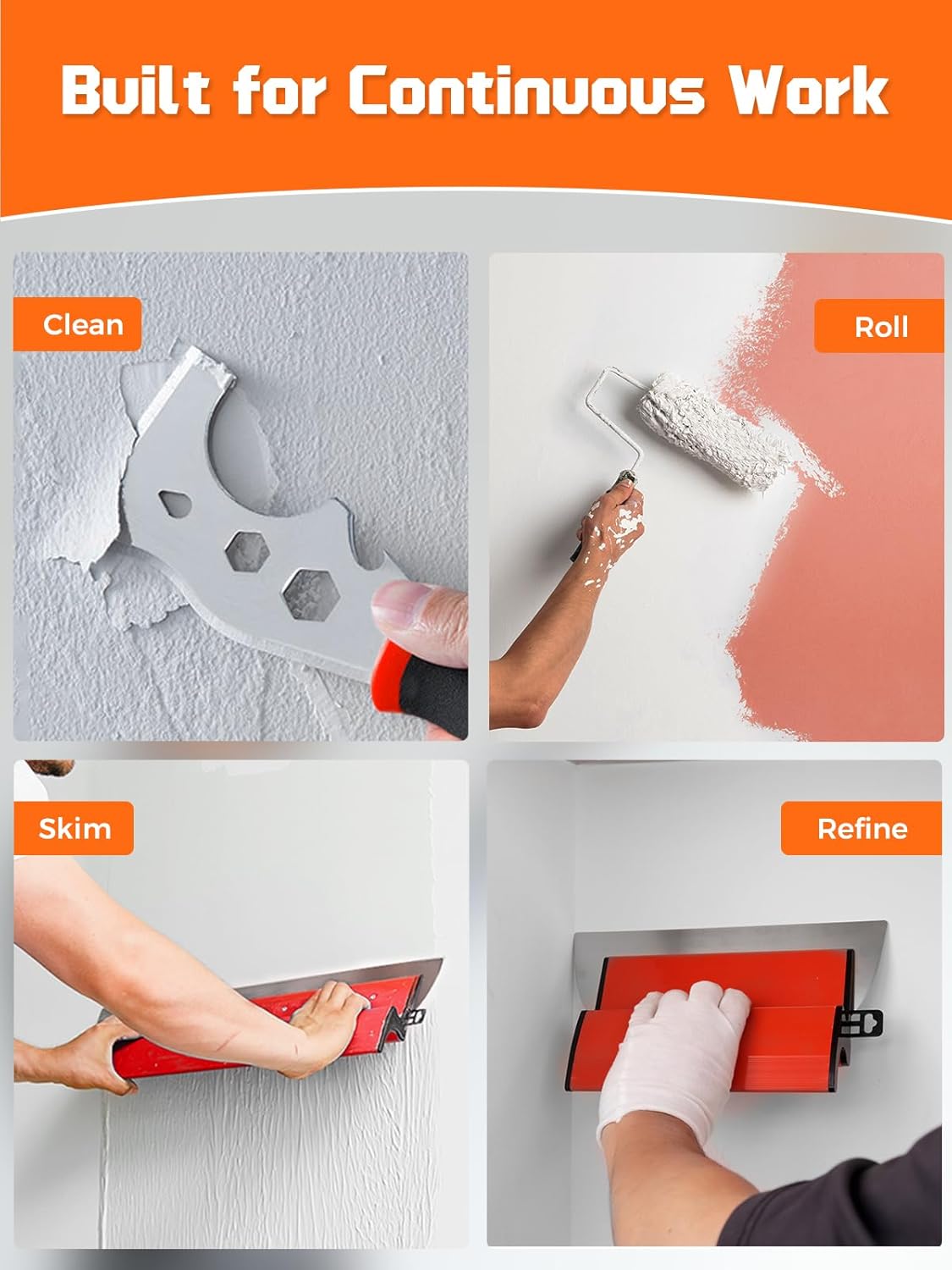 AZUNO Drywall Skimming Blade Set| 10,24,32 Inch Stainless Steel Skimming Blades| 27"-60" Extension Handle, Compound Roller & Putty Knife for Wall & Ceiling Finishing