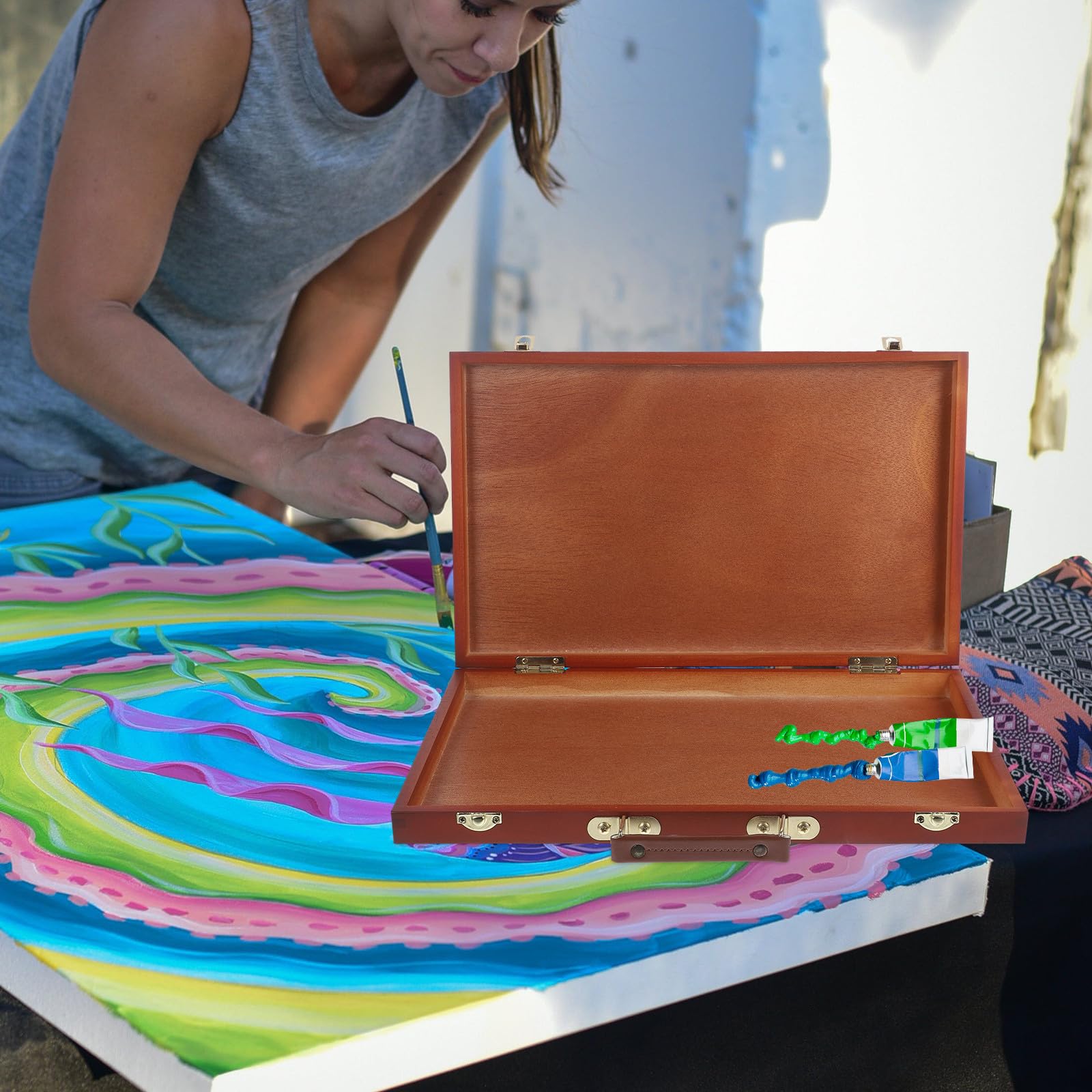 Caja de Herramientas de Arte Portátil de Madera de Nogal Asa, Estuche Vacío para Bolígrafos y Pigmentos, Caja de Almacenamiento para Pinturas y Accesorios de Dibujo, Uso Artístico