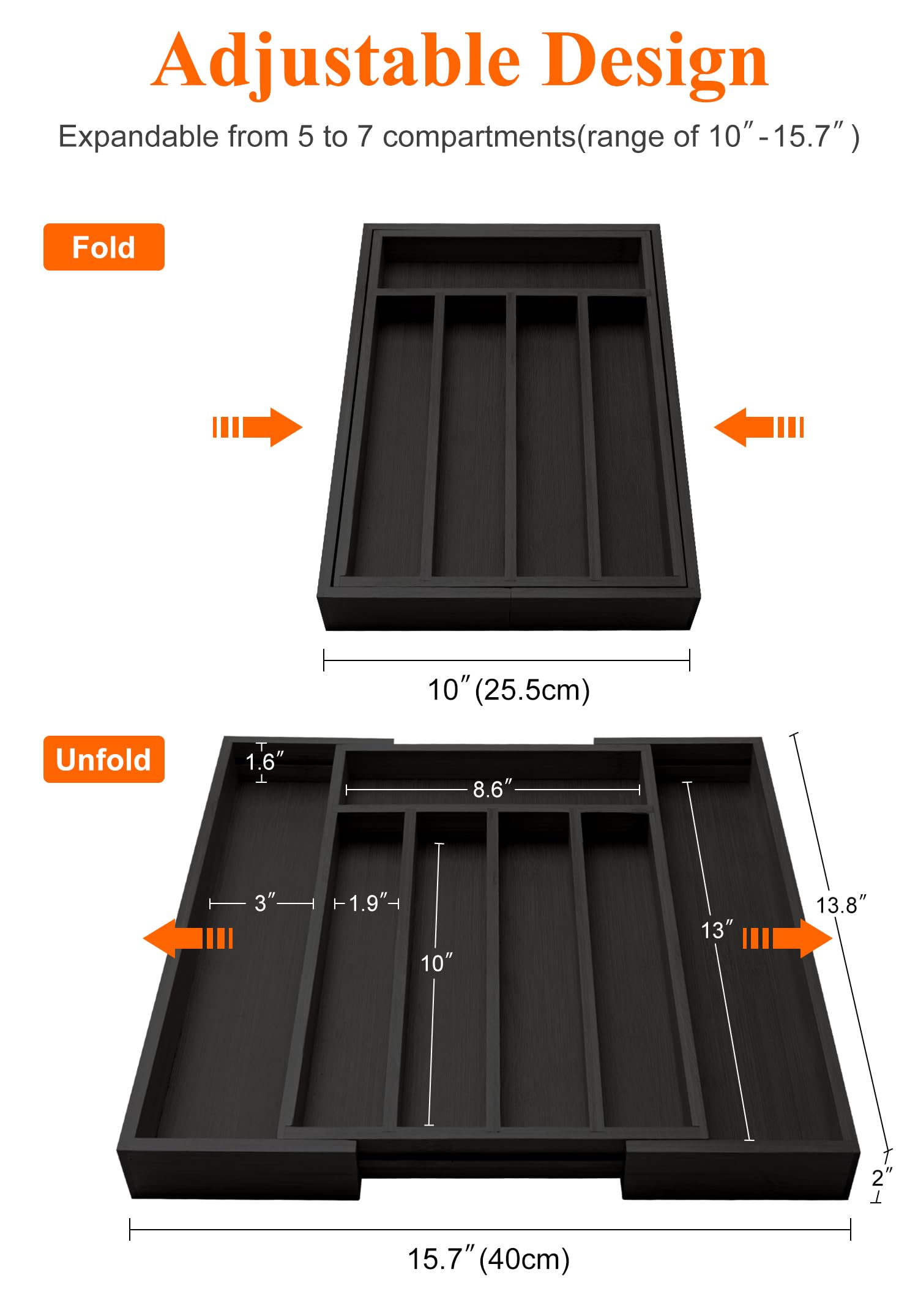 Ayiaren Organizador de cajones expandible, organizador de cubiertos de bambú grande, bandeja ajustable para cubiertos, de madera negra, divisor de cajones, organizador de utensilios de cocina,