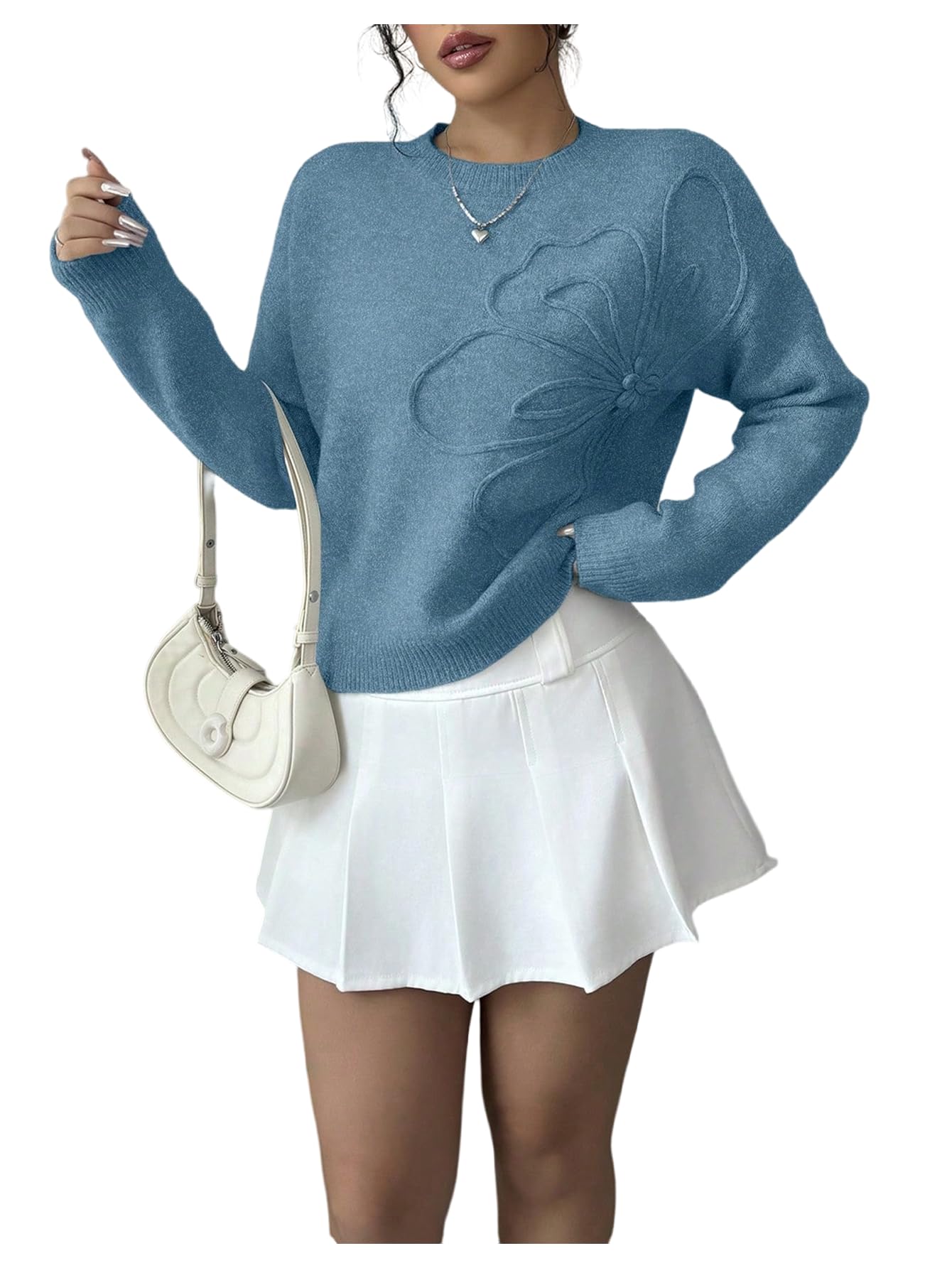 RoseSeek Women's 3D Floral Appliques Sweaters Long Sleeve Knit Tops
