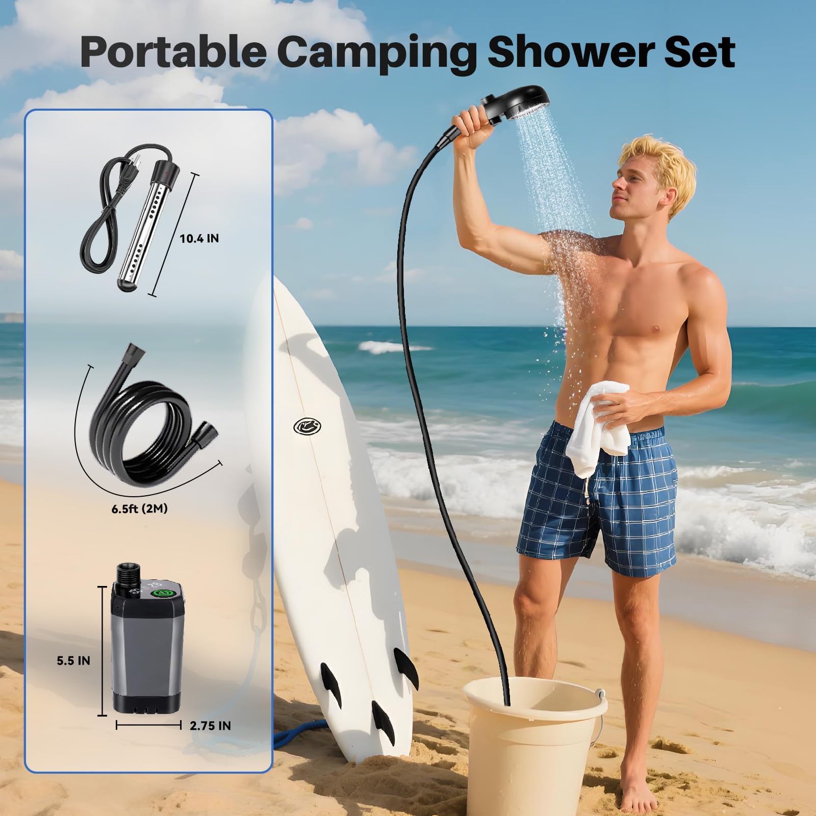 Ducha portátil para camping, 6000 mAh recargable al aire libre con pantalla LED, bomba de ducha portátil impermeable IPX7 y cabezal de ducha para senderismo, viajes, RV, coche, baño de