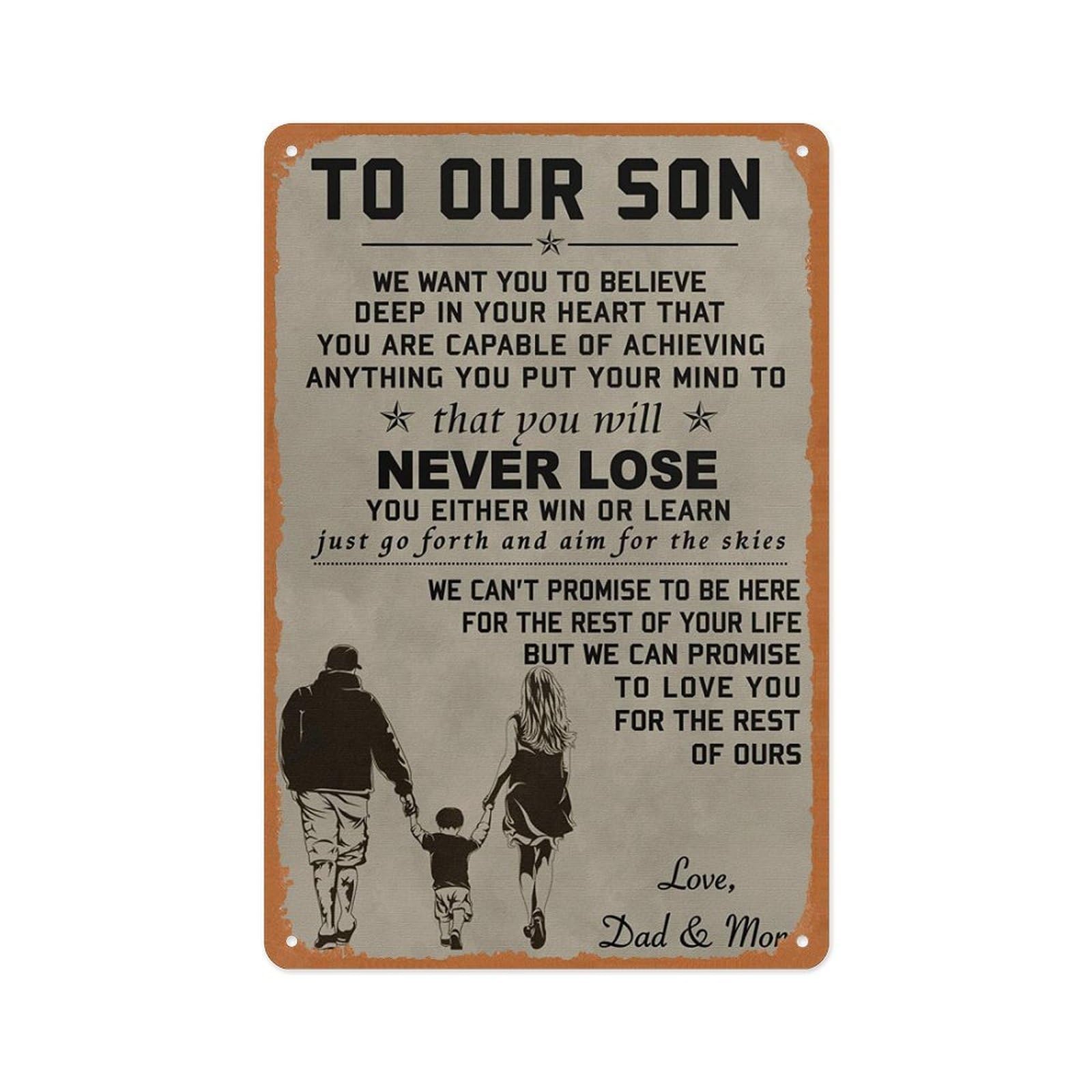 peiyeety Family Poster To Our Son Wall Art Print Vintage Metal Tin Sign, Retro Art Wall Decor, for Home Cafes Office Store Karaoke Pubs Club Sign Gift Plaque 8X12 Inches