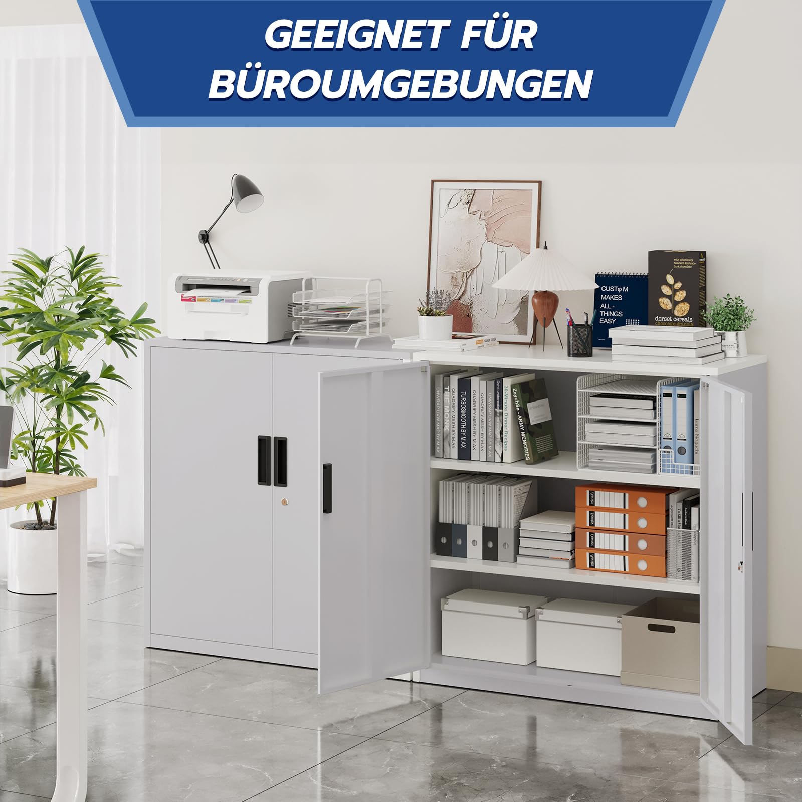 YOUDENOVA Aktenschrank,90 x 90 x 40 Metall Aktenschrank Abschließbar mit 2 Türen,Mehrzweckschrank mit 3 Ebenen,Weiß Mehrzweckschrank mit verstellbare Ablagen