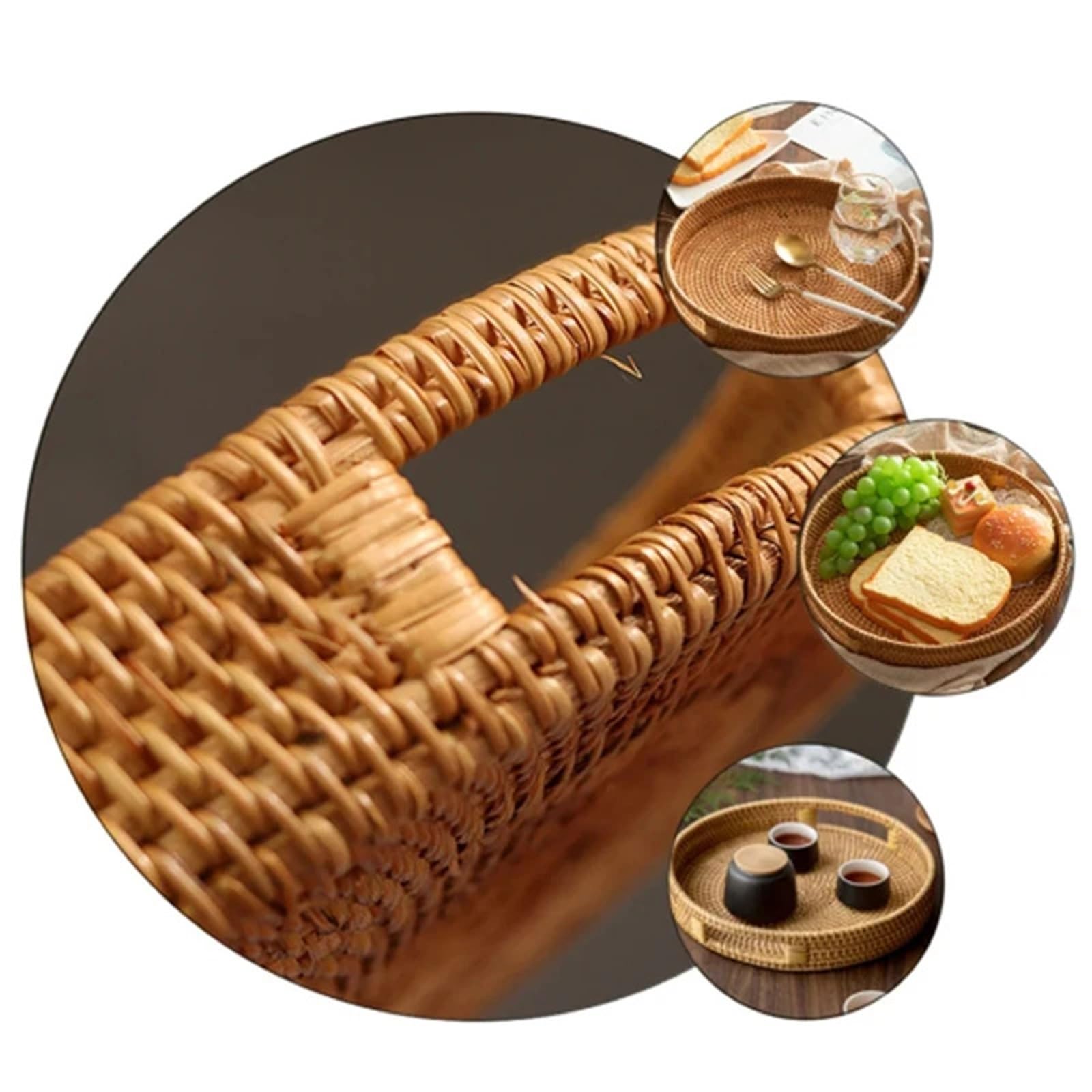 Bandeja de Almacenamiento ratán, Cesta Mimbre Tejida a Mano, Plato for Pan, Aperitivos, Bandeja for Pasteles Frutas Bandeja Mimbre(2 Set)