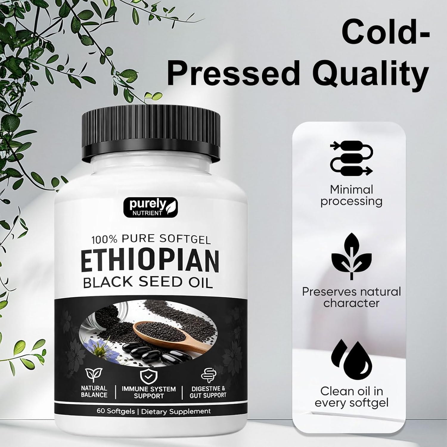Purely Ethiopian Black Seed Oil Capsules, Purely Nutrient Ethiopian Black Seed Oil, Organic Cold Pressed, Non-GMO, Gluten-Free, 60 Softgels (2 Bottle)