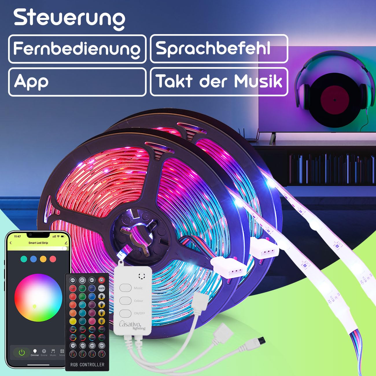 LED Streifen, WLAN, RGB, 10m, 300 LEDs, 16 Mio Farben, Fernbedienung, App-, Sprach- u. Musik-Steuerung, komp. zu Google, Siri, Alexa, Tuya