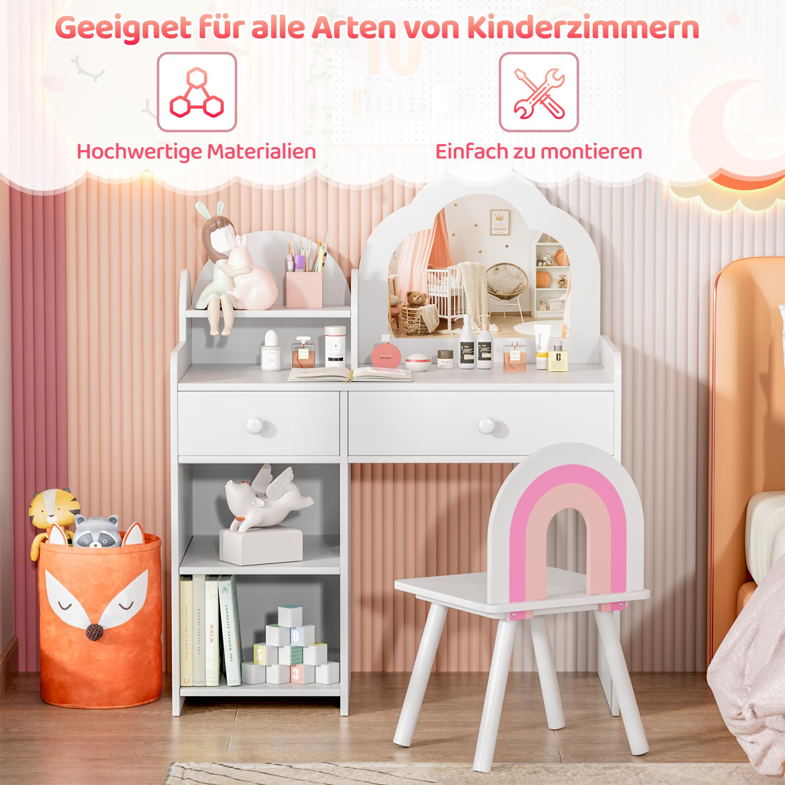 MAMIZO Schminktisch Kinder Set, Wolkenförmiger Kinderschminktisch mit Spiegel, Hocker, Schubladen und Aufbewahrungsschränken, Prinzessin Frisiertisch aus Holz, 73,5x40x90,5cm, Weiß