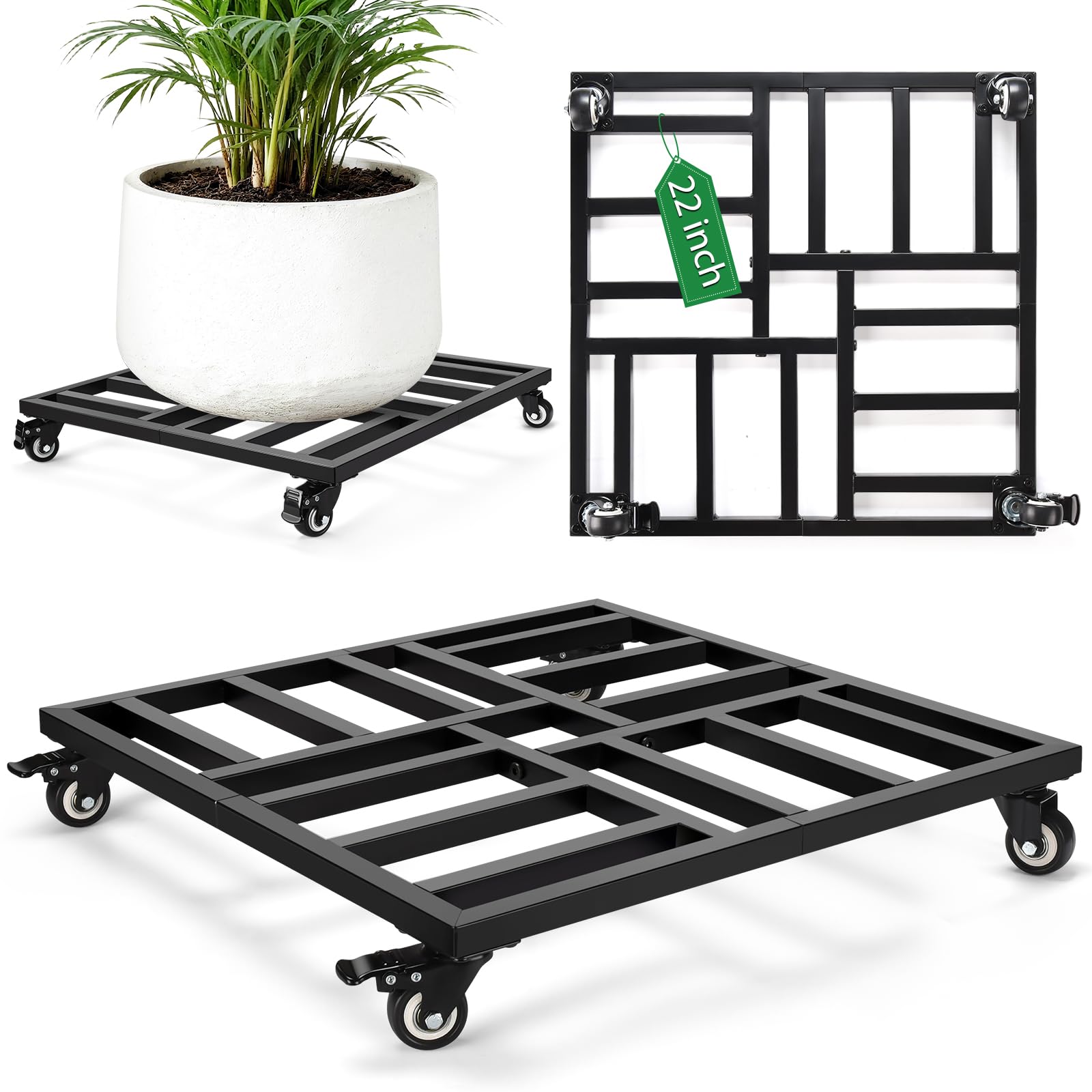 AugFir 22" Plant Caddy with Wheels Heavy Duty, Rolling Metal Plant Stand Indoor Outdoor, Square Plant Dolly with Lockable Caster Wheels for Large Plant Pots, 600LBS Capacity (Black) — image 1